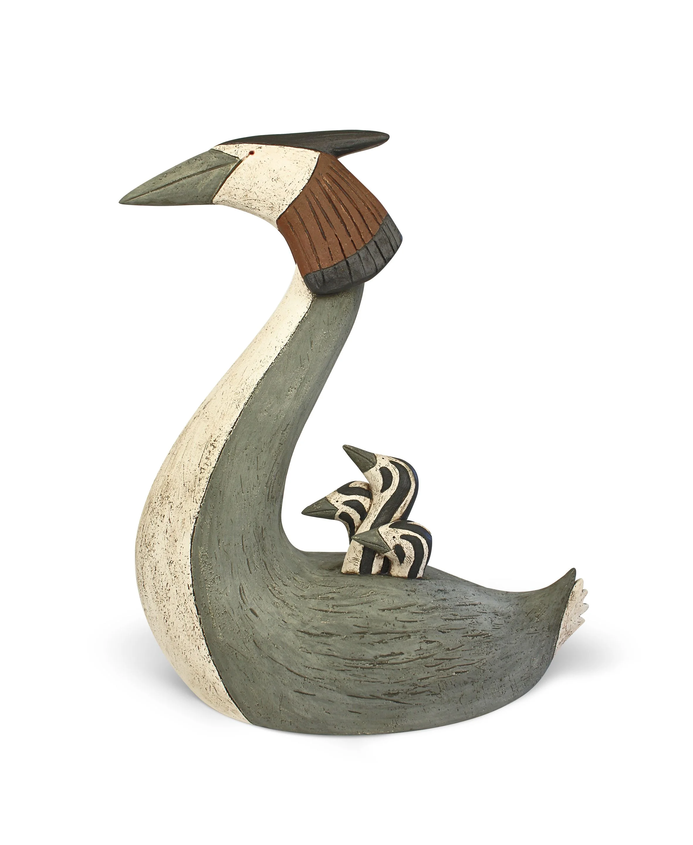 Grebe and chicks hand built clay 38 x 32cm 