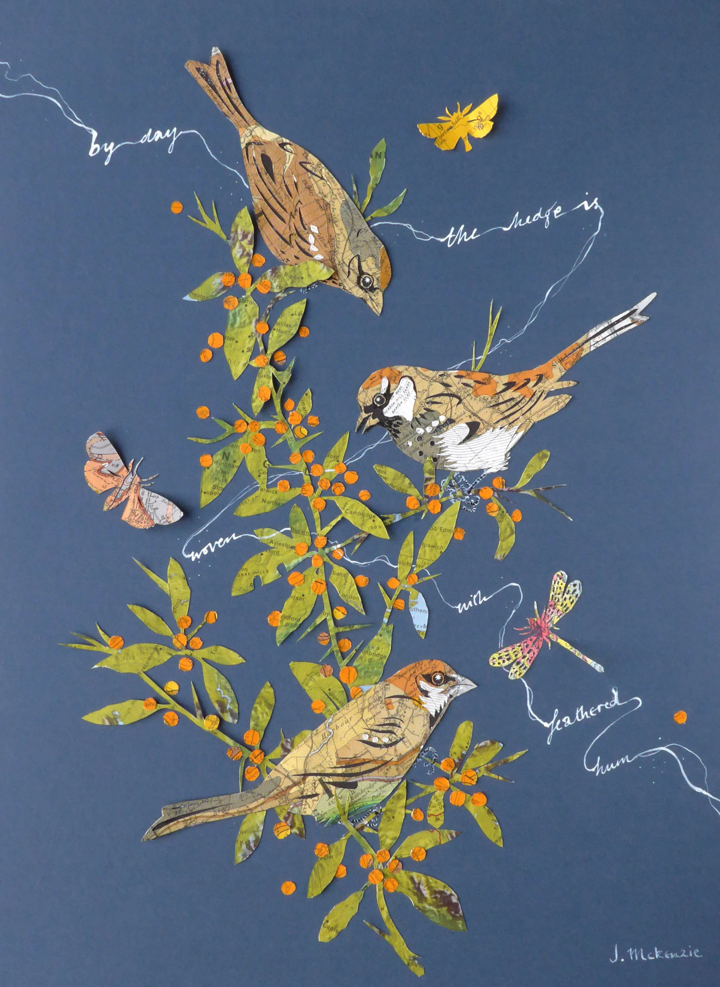 Sparrow and Pyracantha hand cut vintage geological maps 30x40cm artwork size 33x43cm framed size £350