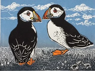 Peerie Puffins linocut with hand colouring £65.00