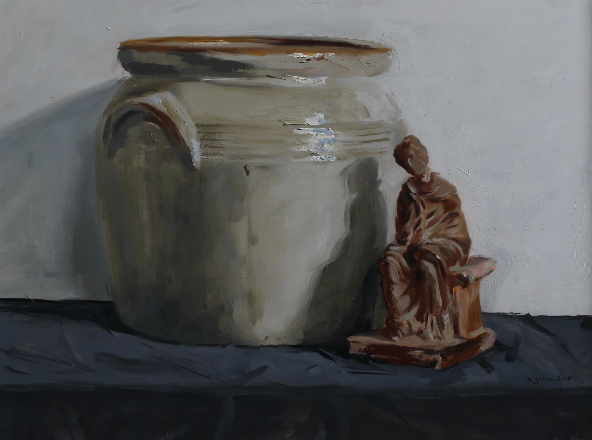 Confit Pot and Terracotta Figurine II oil on gesso panel 30 x 40cm painting size 45 x 55cm frame size £850
