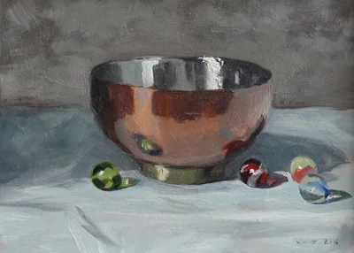 Copper Bowl and Marbles oil on gesso panel 13 x 18 SOLD
