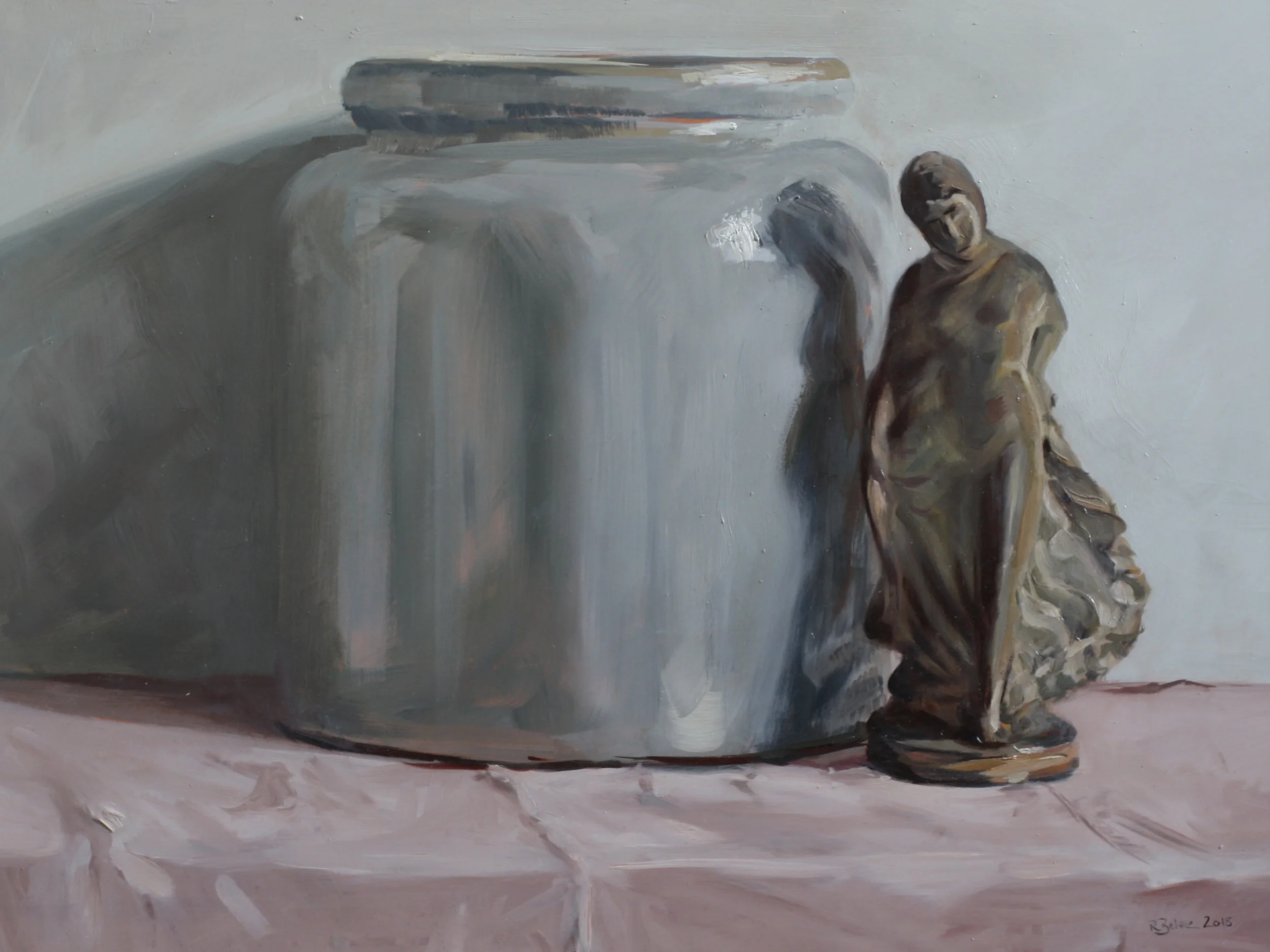 Confit Pot and Terracotta Figurine I oil on gesso panel 30 x 40cm painting size 45 x 55cm frame size £850