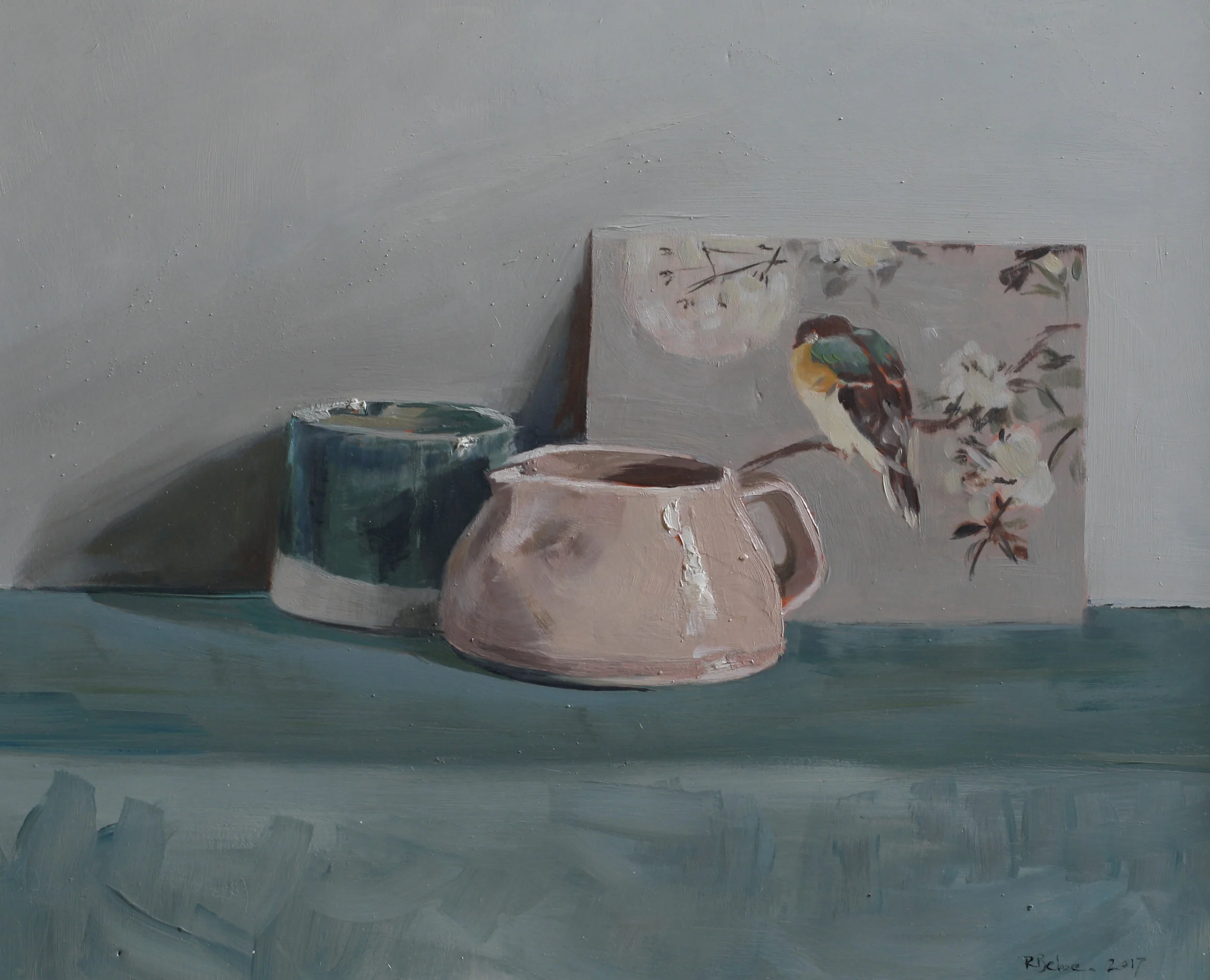 Pot, Jug and Postcard oil on gesso panel 24 x 30 £685