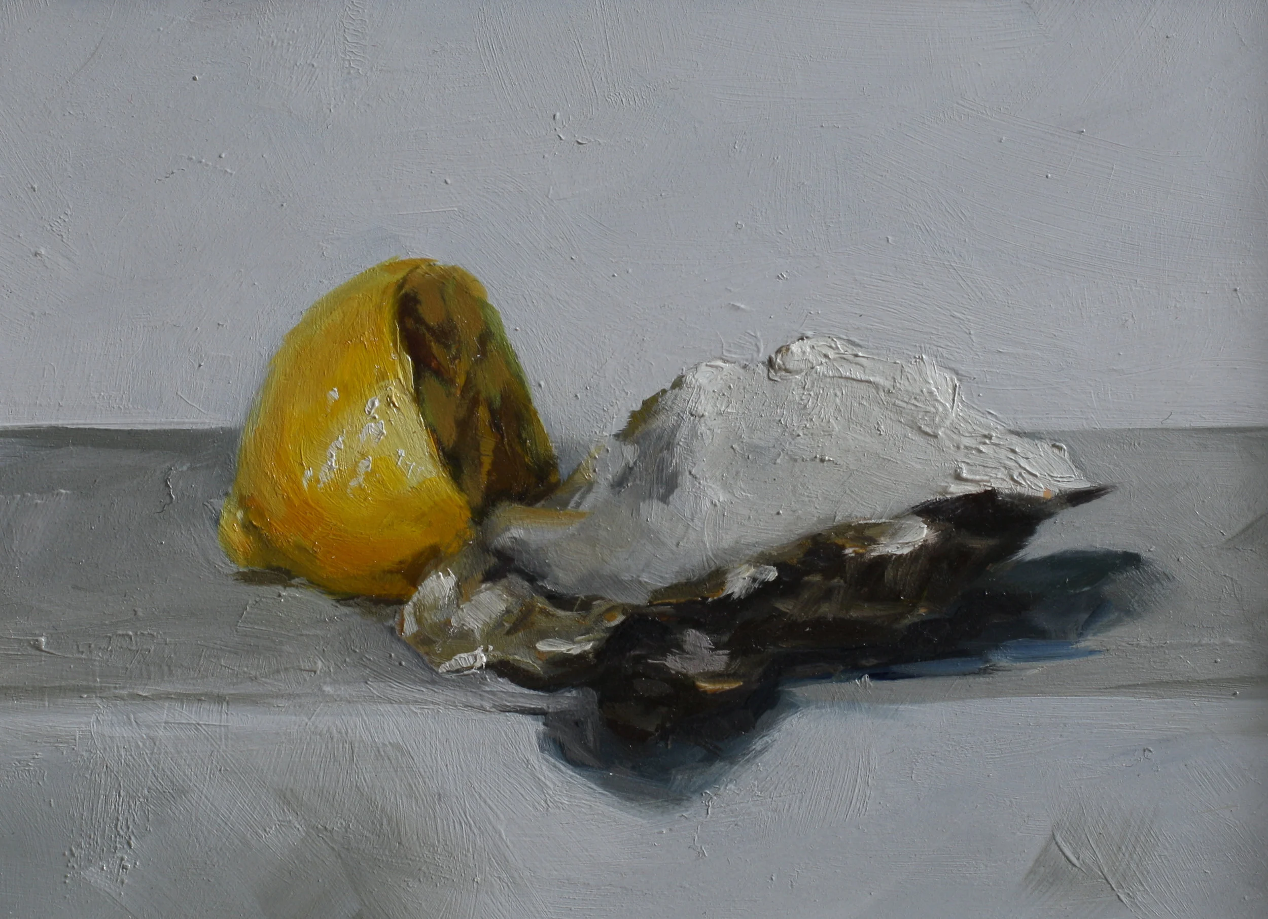 Oyster Shell and Lemon oil on gesso panel 13 x 18 SOLD