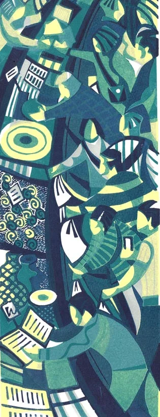 Market Scrum linocut 35cm x 13cm