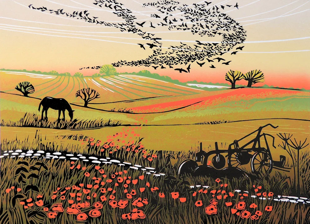 Starlings and Poppies linocut 44.5 x 33cm £165