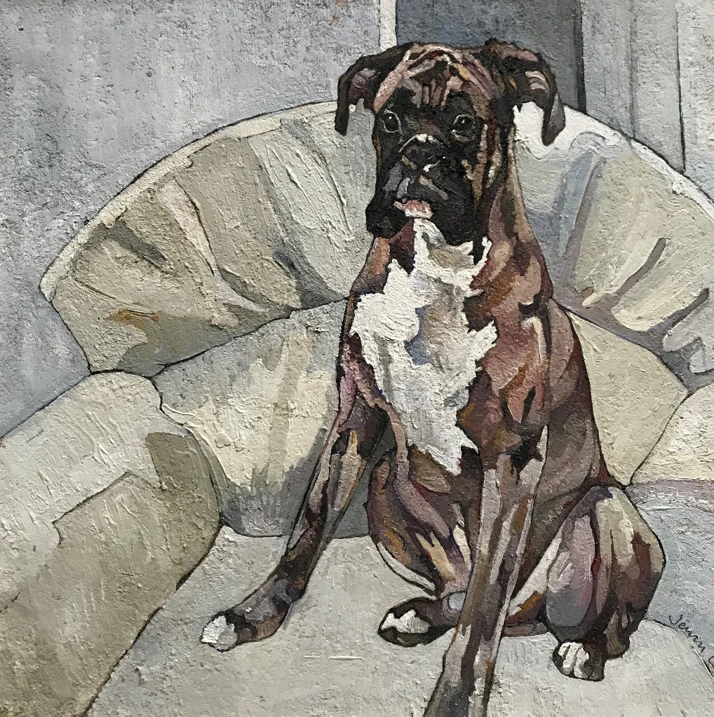 Boxer on Cream Armchair oil on board 26 x 26cm £250