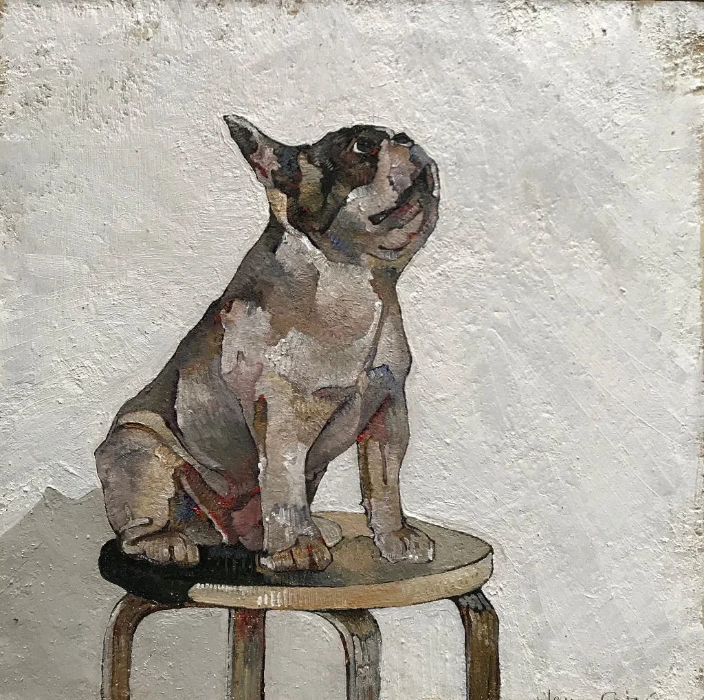 French Bulldog on Stool oil on board 26 x 26cm £250