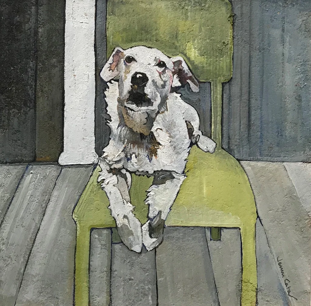 Long Haired Jack Russell on Green Chair oil on board 26 x 26cm £250