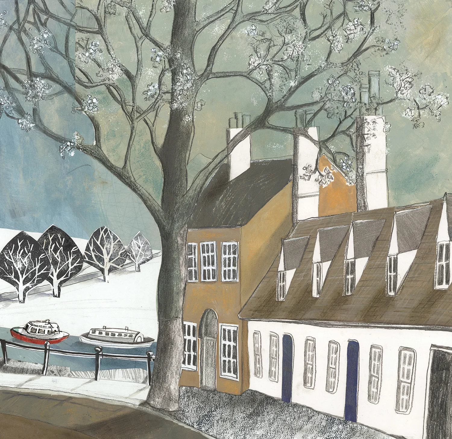 Chesterton Lane with Houseboats 62 x 63cm mixed media sold