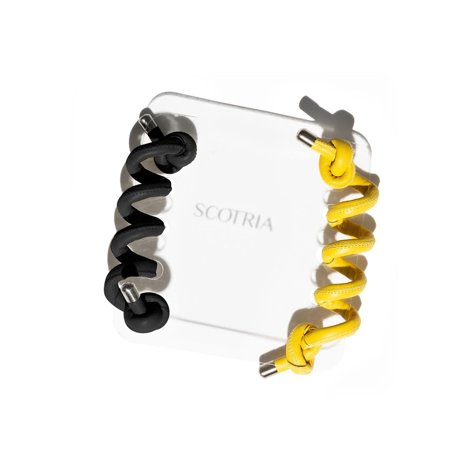 Spiral 1 Colour: Black Leather. Spiral 2 Colour: Yellow Leather.