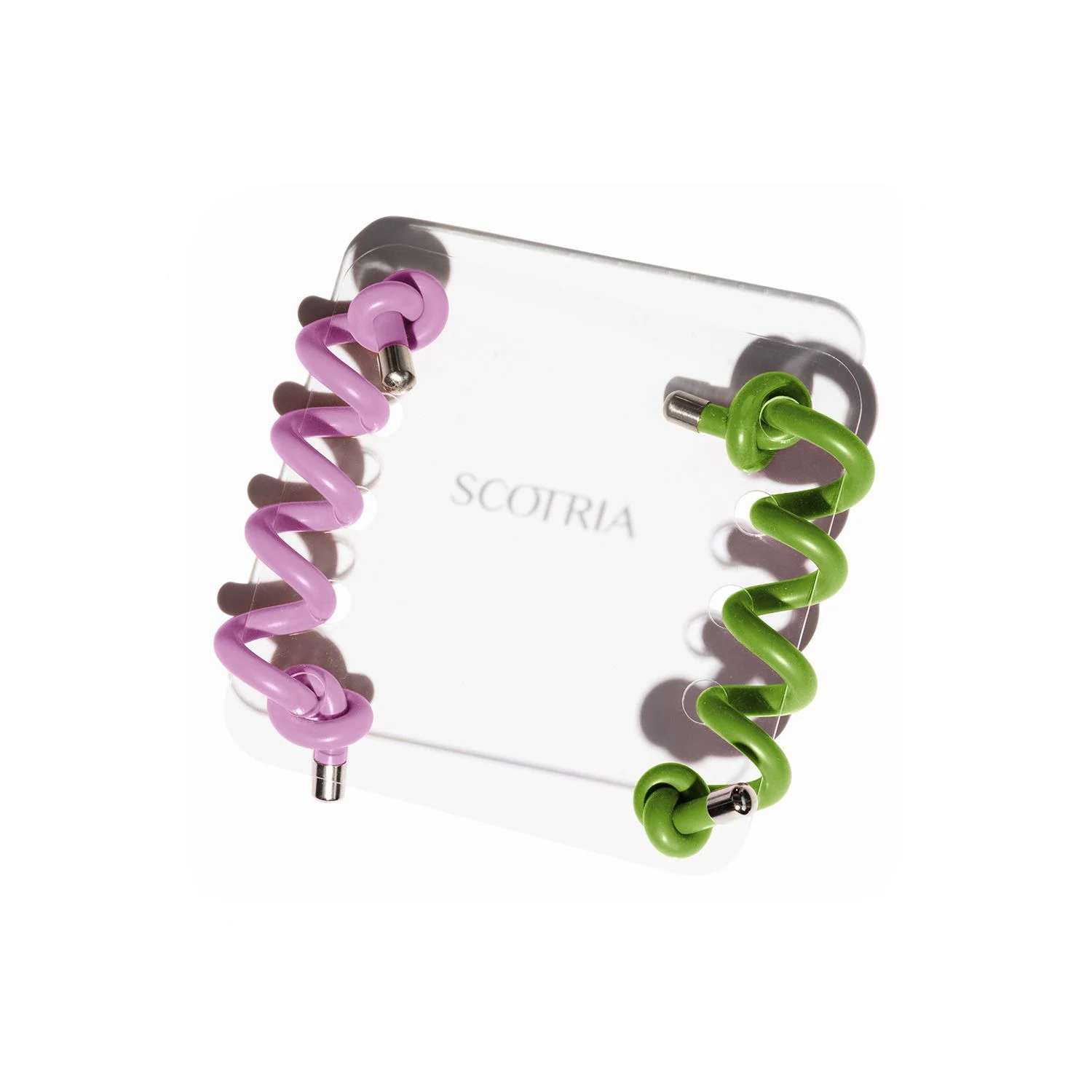 Spiral 1 Colour: Orchid Silicone. Spiral 2 Colour: Lime Silicone.