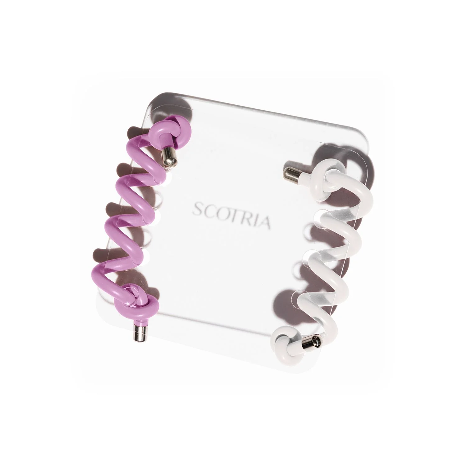 Spiral 1 Colour: Orchid Silicone. Spiral 2 Colour: White Silicone.