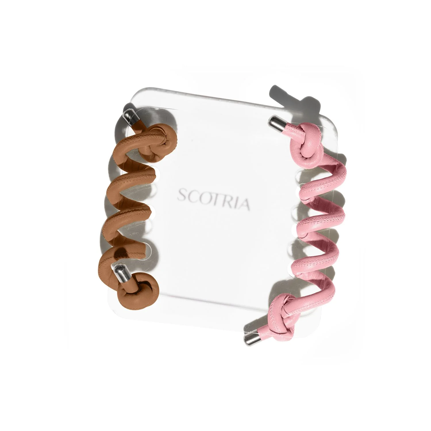 Spiral 1 Colour: Brown Leather. Spiral 2 Colour: Pink Leather.