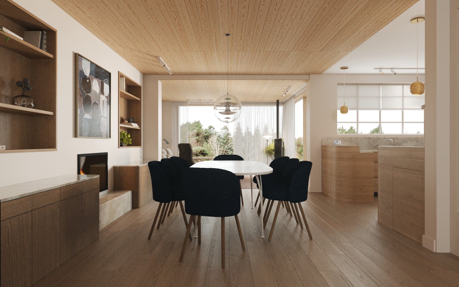 An interior cgi of a dining room, kitchen, living room designed in a danish style