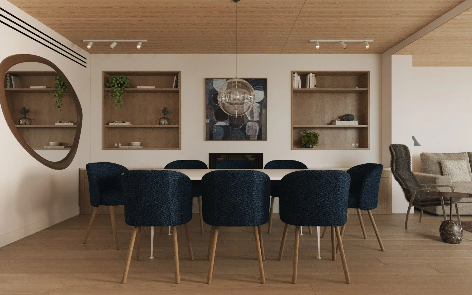 An interior cgi of a dining room, kitchen, living room designed in a danish style