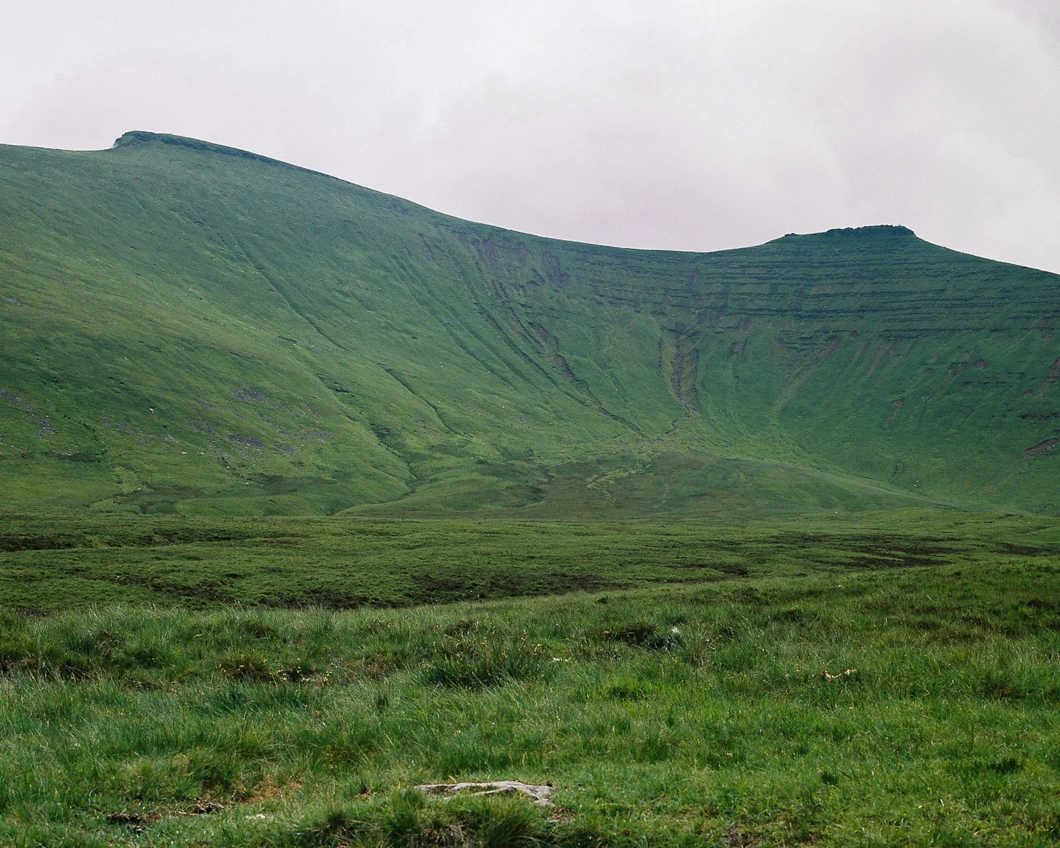 Looking up at Pen Y Fan and Corn Du. This photo was taken minutes before the tops became covered in thick cloud and the rain started.