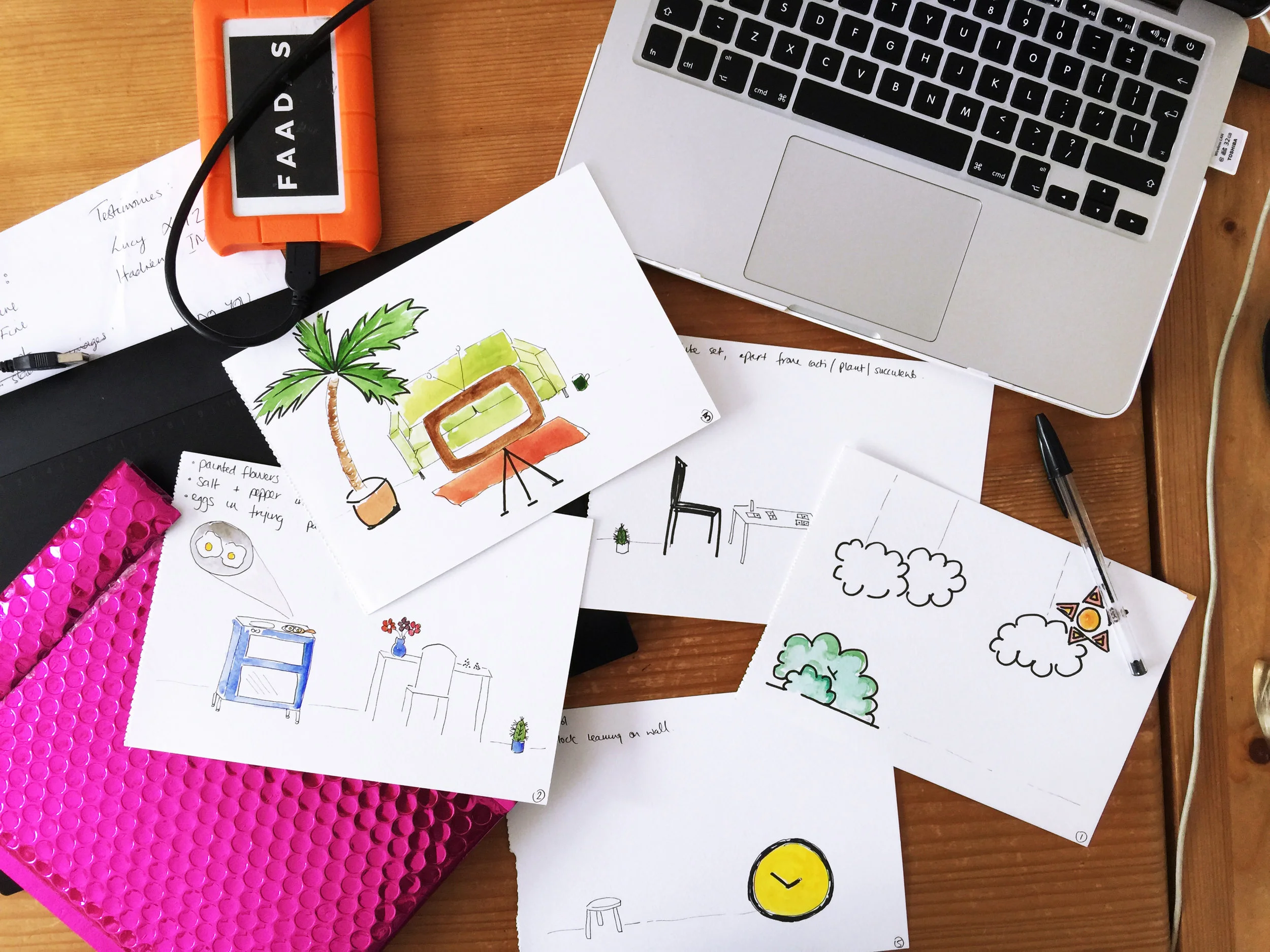 Every scene was drawn out, painted, and detailed with each prop. This is regular practise when I direct - it helps immensely when communicating your idea to a client, as well as practically visualising what is in your mind's eye. &nbsp;