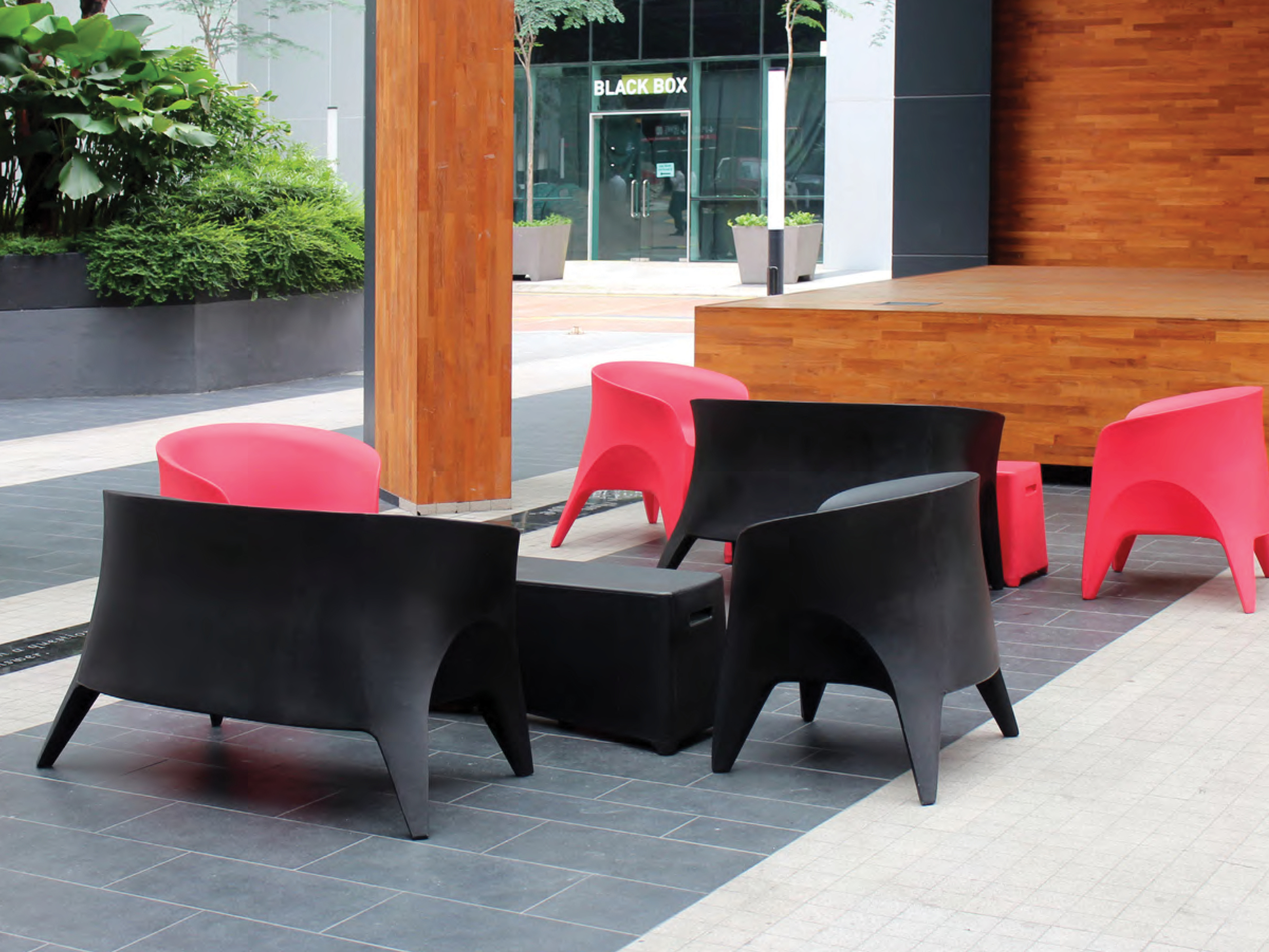The Obie Love-Seat and Obie Char paired with the Rumble Bench 