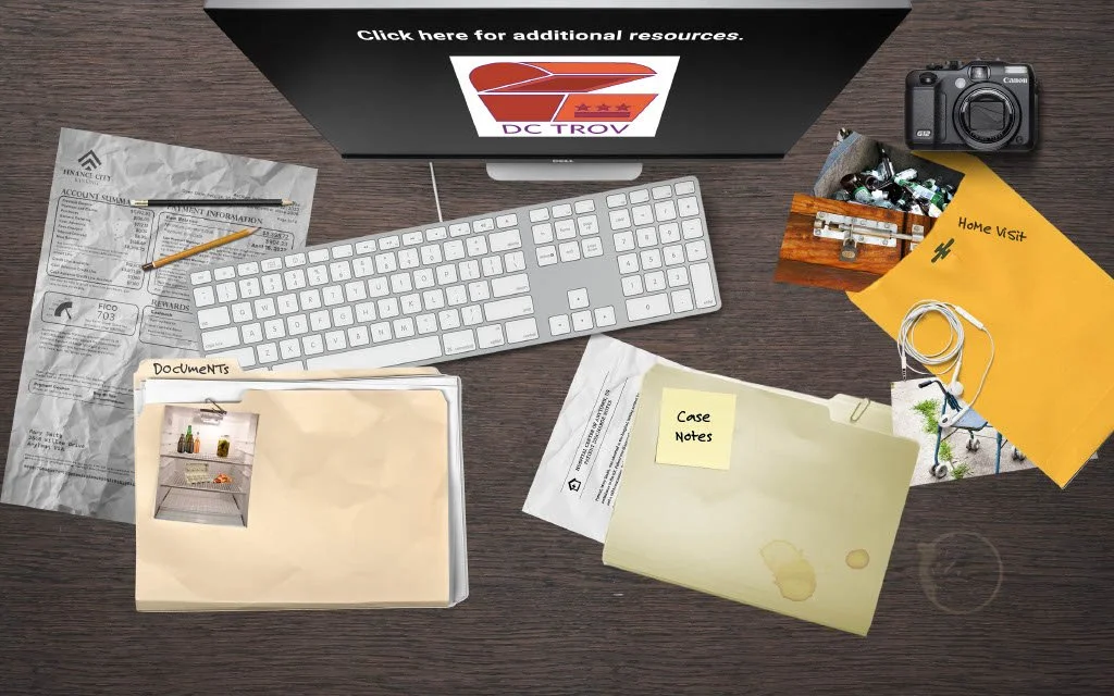 Image of a desktop. On top there is a computer and folders laid on top. The folders are each labeled and contain document and folders. The folders are titled, "Documents," "Case Notes," and "Home Visit."