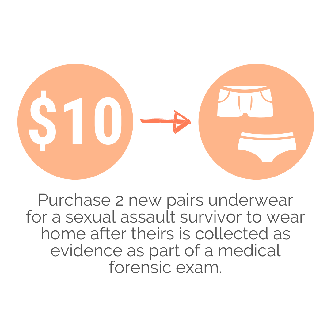 Purchase 2 new pairs underwear for a sexual assault survivor to wear home after theirs is collected as evidence as part of a medical forensic exam.