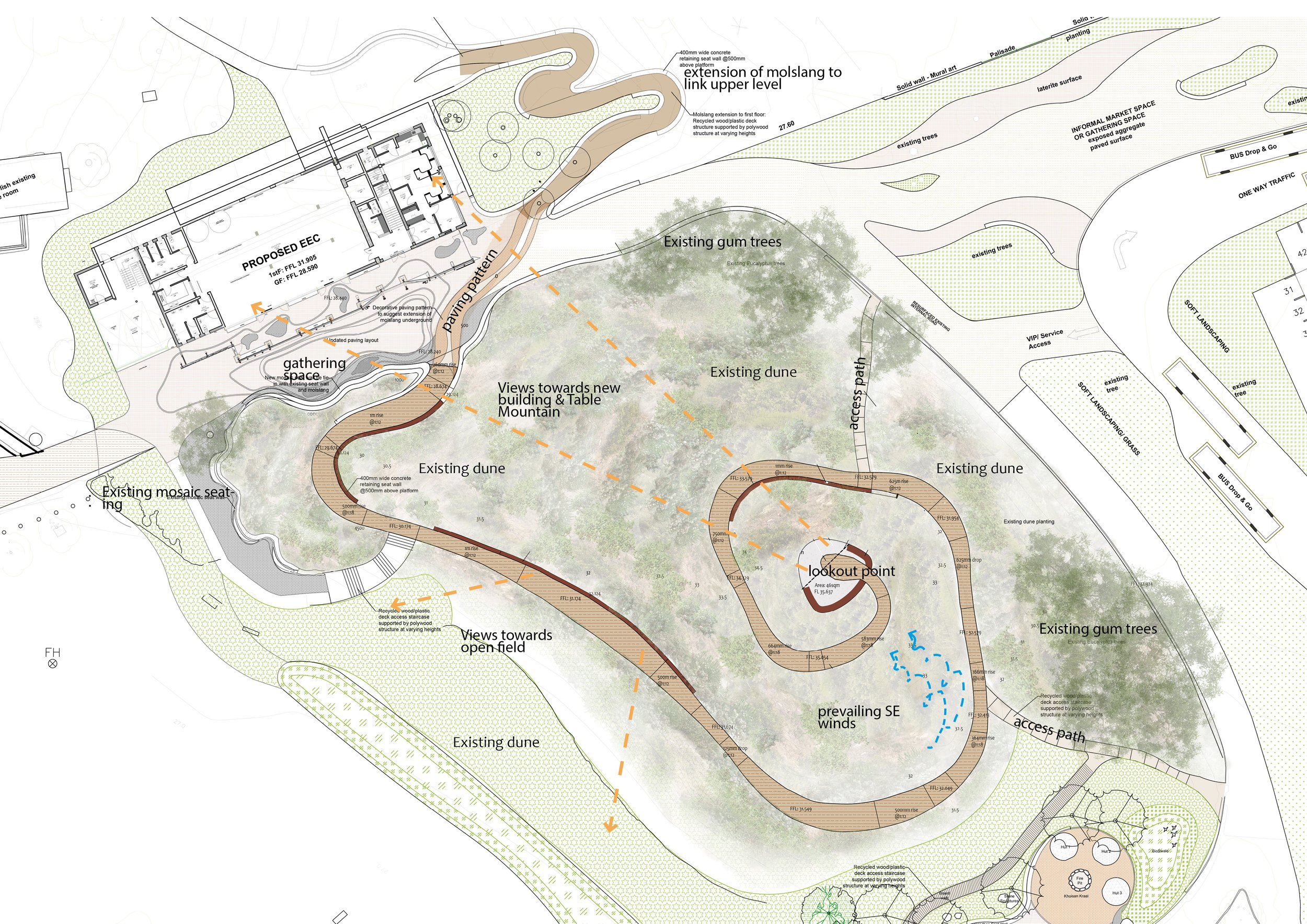  The Molslang Timber Boardwalk, a project currently in its conceptual design phase, will be an addition to Westridge Park in Cape Town as part of the comprehensive Westridge Park upgrade.    A new boardwalk is proposed for the Biodiversity Dune, repl