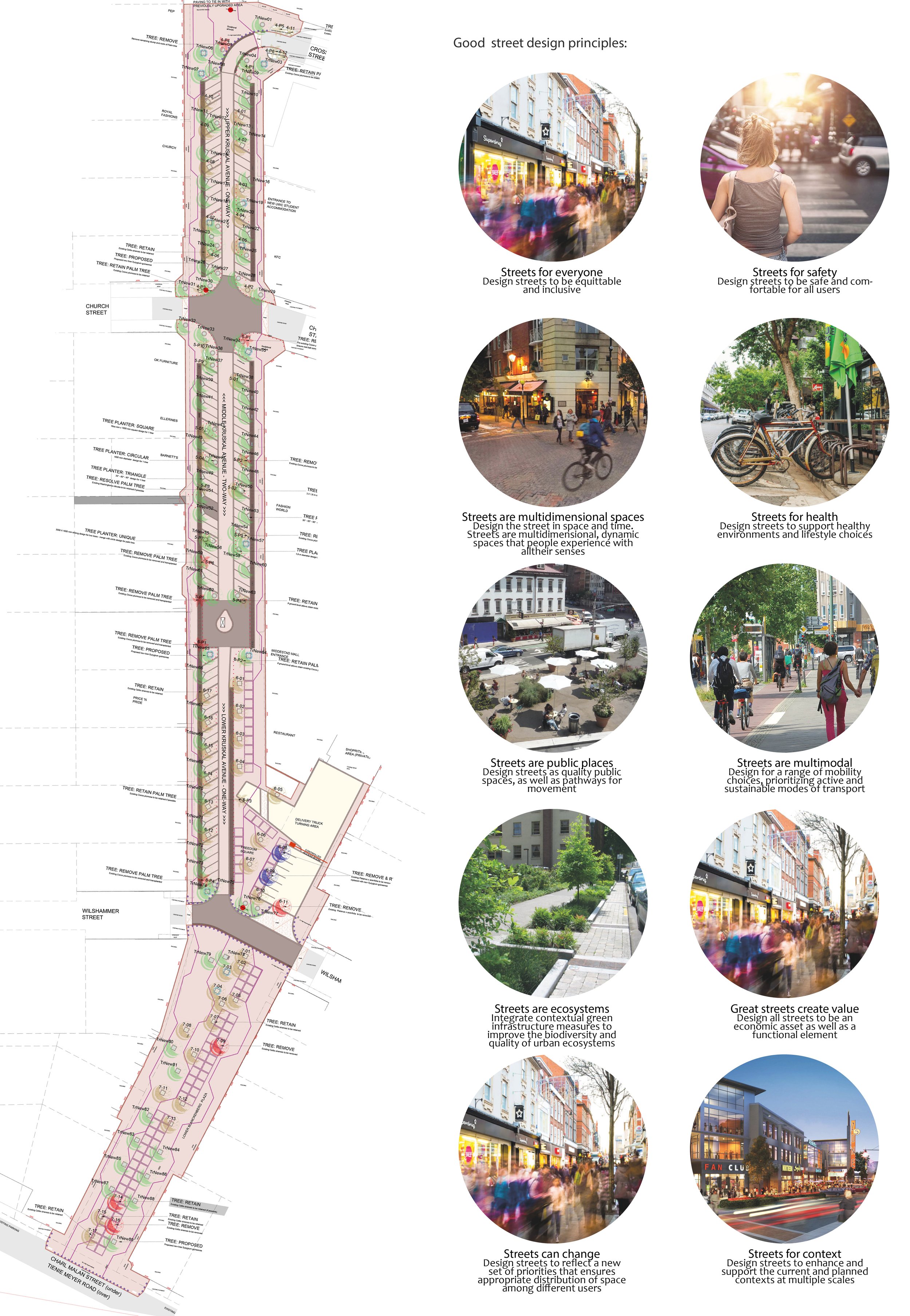  The design encompasses several key elements, including the introduction of fresh paved surfaces, the transplantation and planting of street trees, provision for street traders, and an overhaul of essential infrastructure like stormwater management. 