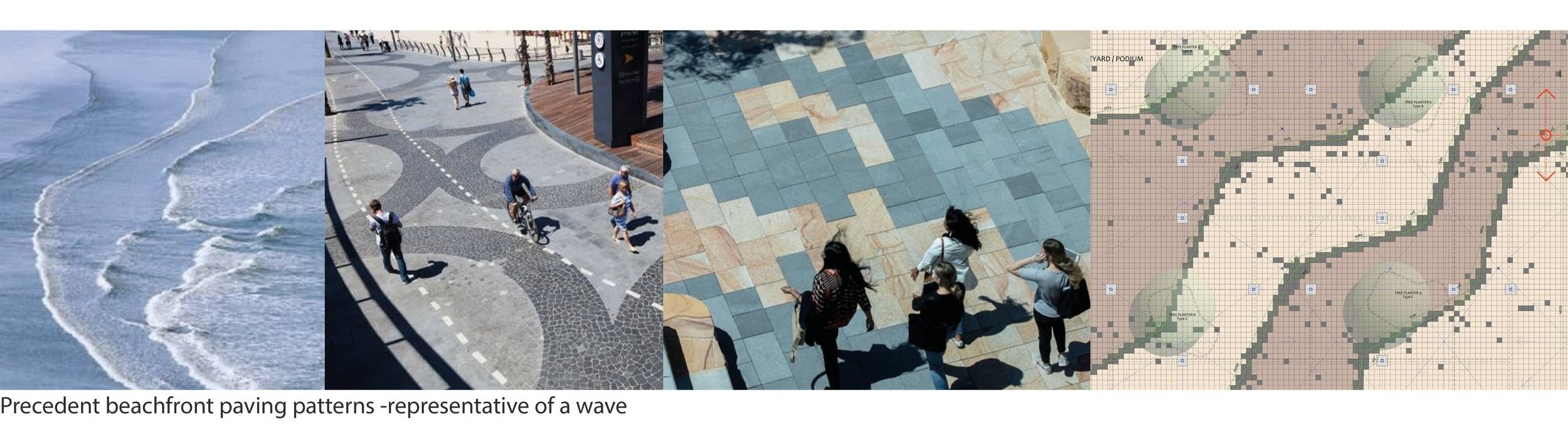  Between the central node, the station forecourt and the pavilion, the paving layout will follow a tidal/ wave ripple pattern that resembles and mimics the ocean movement along the coast. A darker clay paver is proposed to demarcate the ripple edge, 