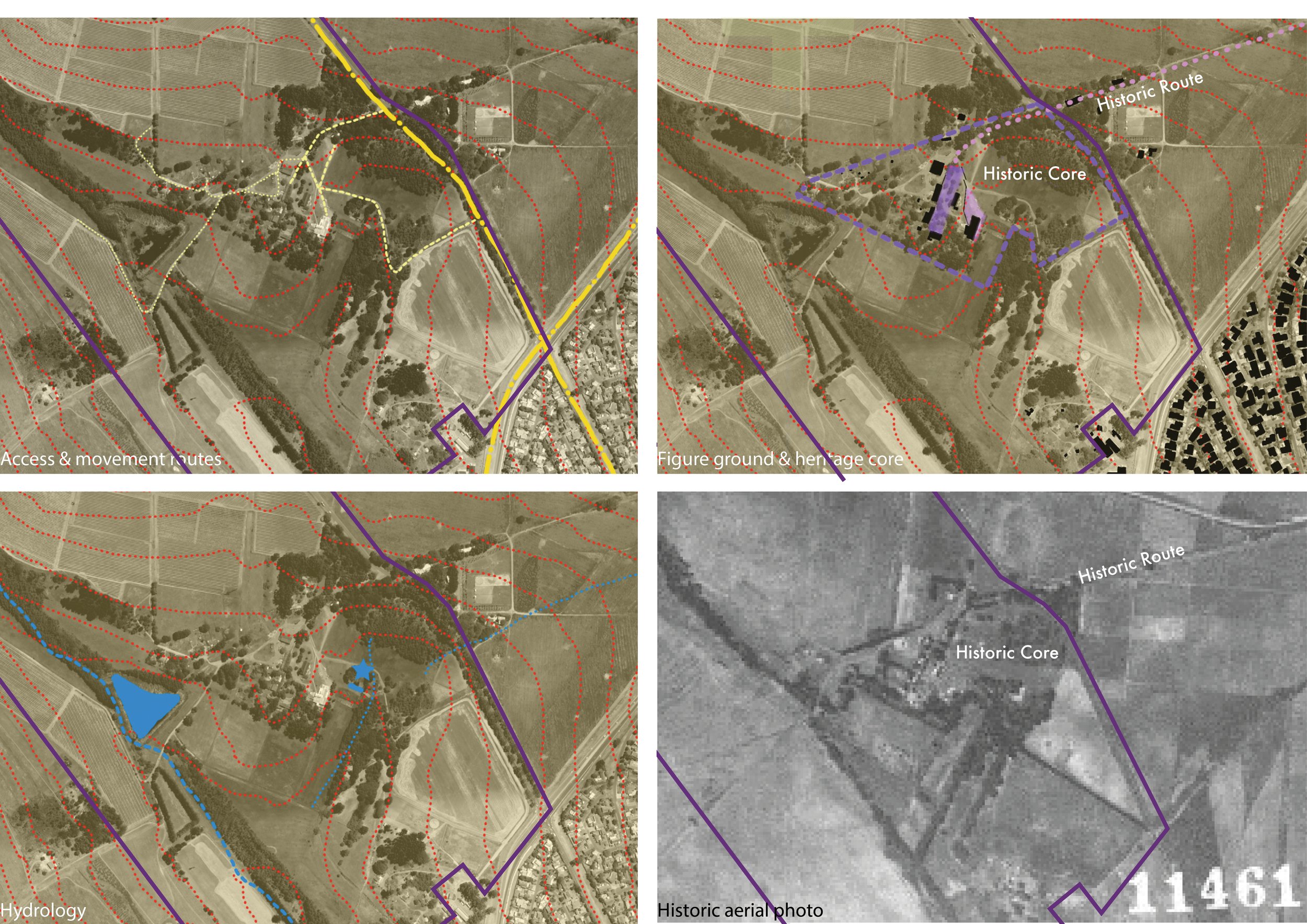  1. Landscape settlement patterns of farmstead was ‘haphazard’ and not a typical ‘werf’ layout.   2. Access to the site in unconventional  3. There are a number of drainage lines and a river integral to the site and site development  4. Historic rout
