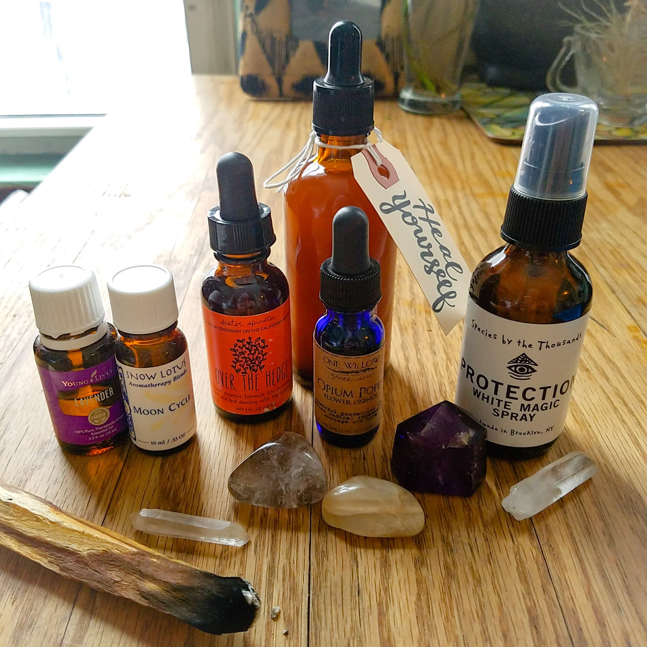 Some things I add to healing baths: essential oils, flower essences, crystals, and a little palo santo or smudge spray to keep the space clear and relaxing.