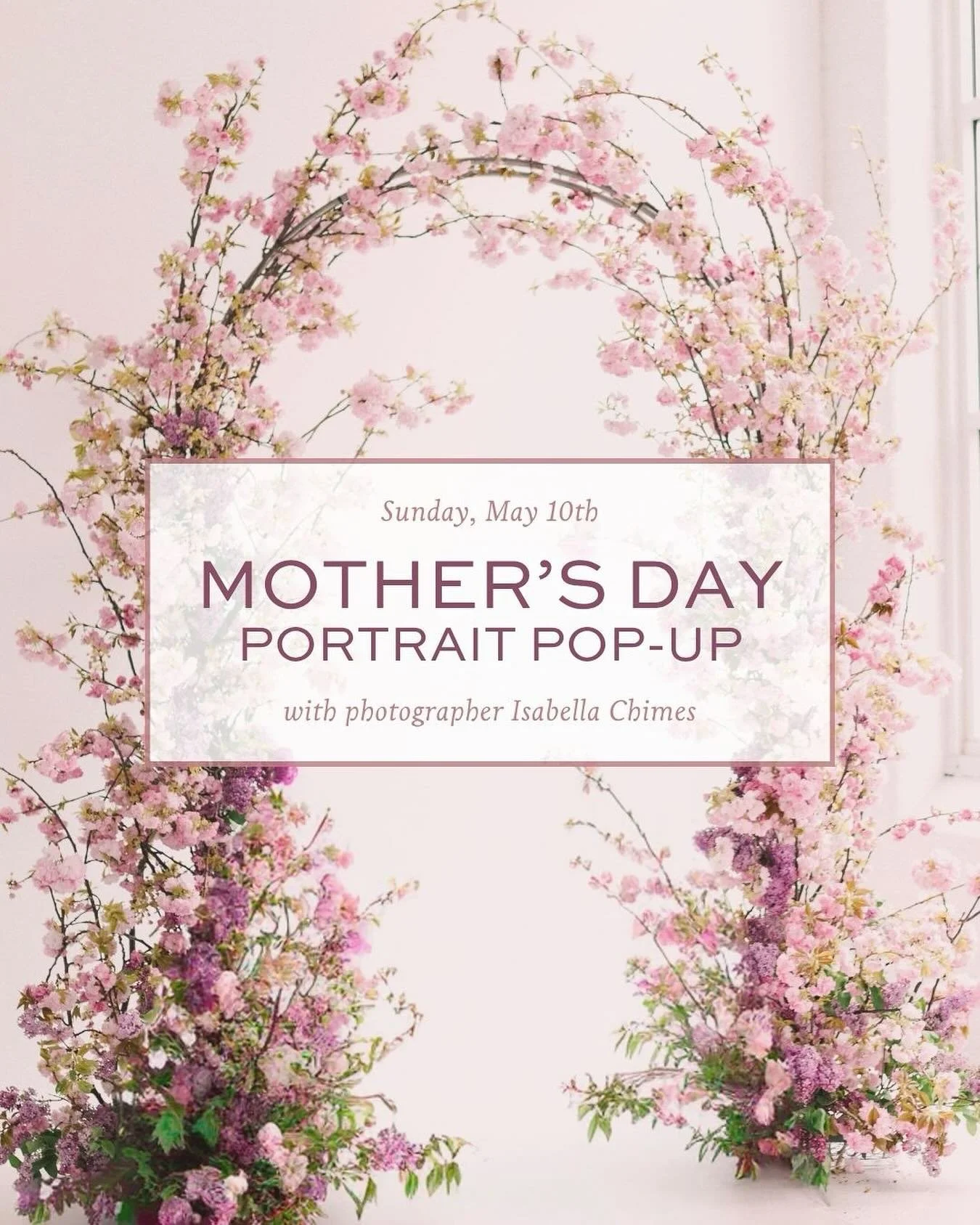 We&rsquo;re offering a mother&rsquo;s Day portrait pop up! Drop in this Sunday, Mother&rsquo;s Day, for a mini portrait session with the amazing Bella chimes. We&rsquo;ll have a floral vignette set up under the wisteria ready to frame you and a loved