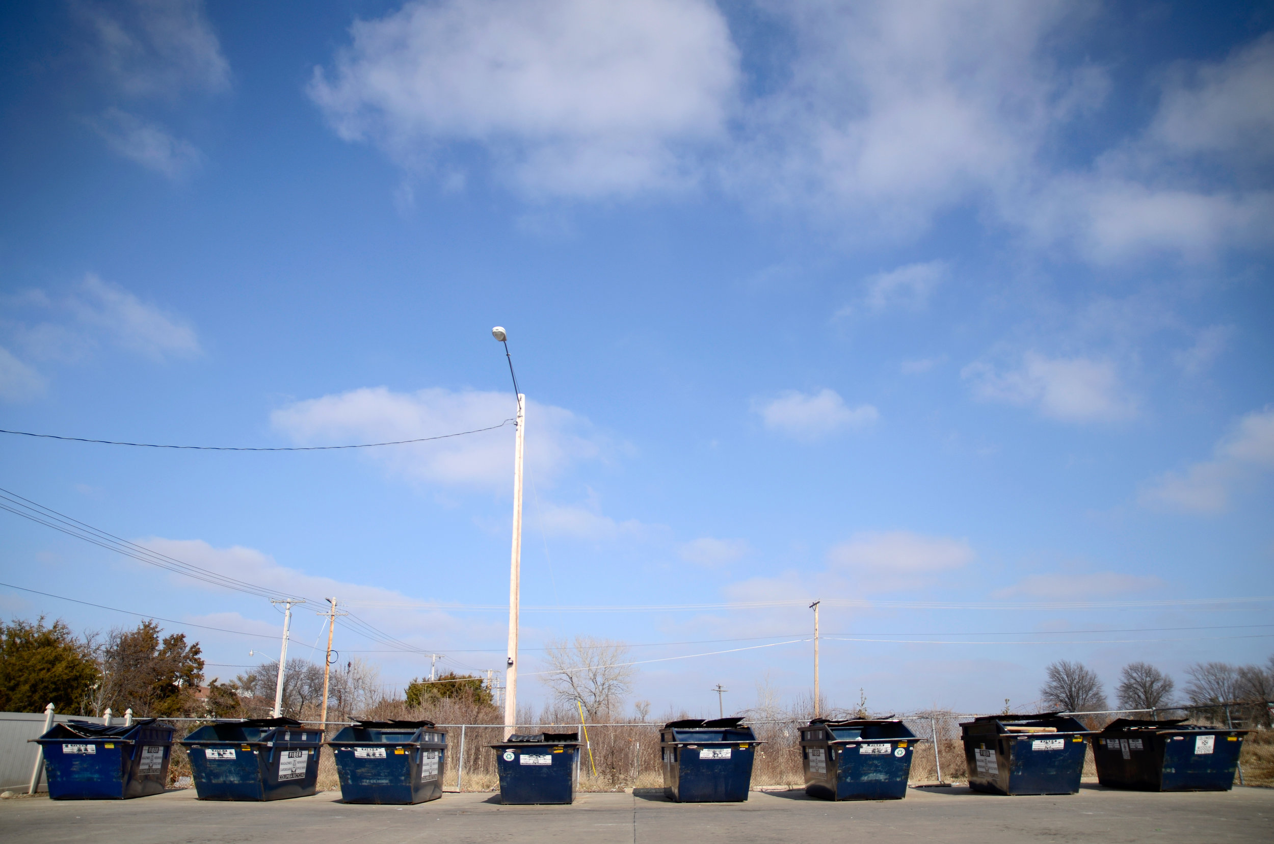  Eight recycle bins line the edge of the recycling drop-off location on State Farm Parkway in Columbia, MO, on Friday, Jan. 23, 2015. These bins accept the same recyclable items that can be placed curbside, but plastic bags are not allowed in these c