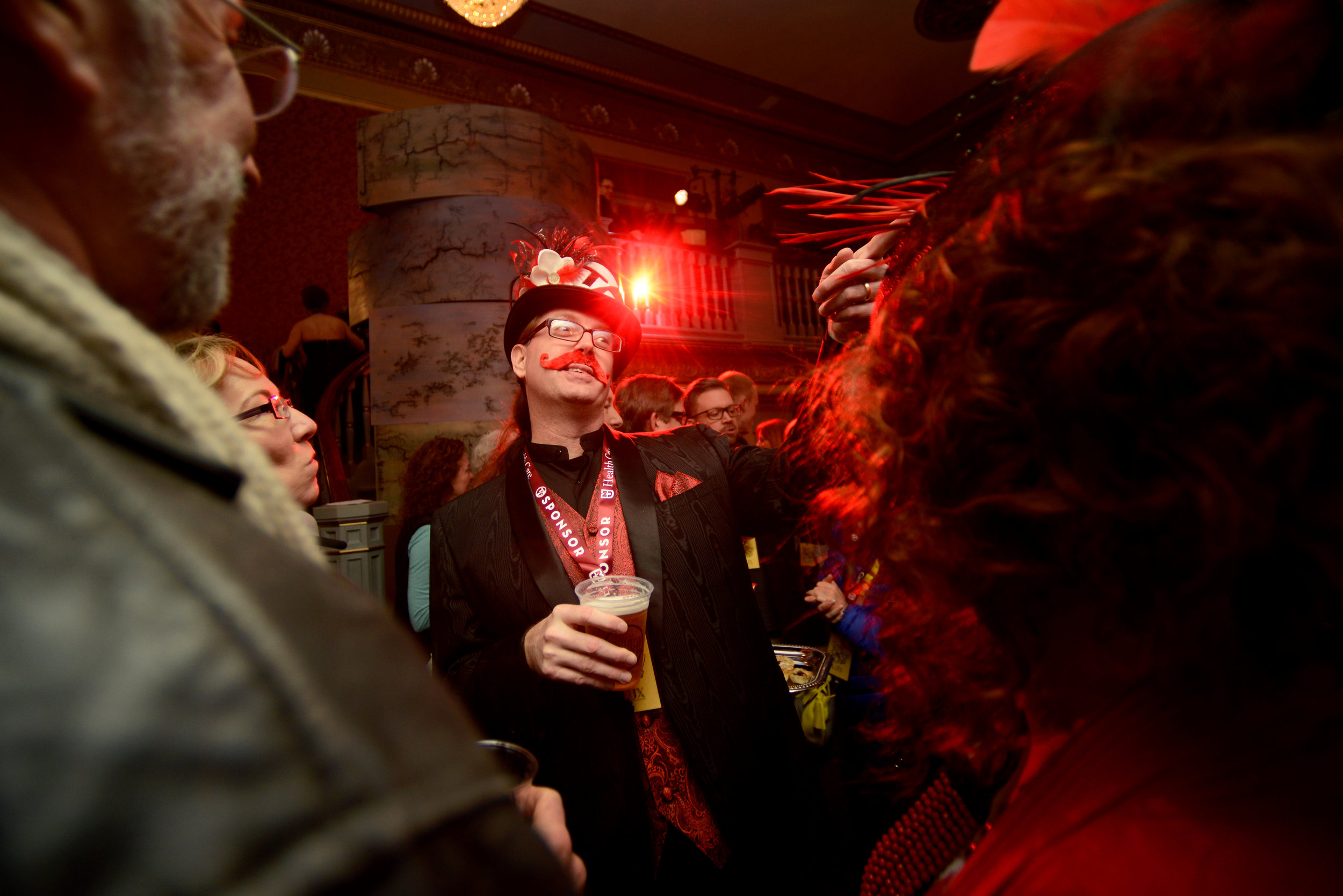 Steve Powell points to a friend during the True/False Jubilee masquerade Thursday, March 3, 2016, at the Missouri Theatre in Columbia, MO. Powell and his wife, Kristi, were sponsors of the festival and had been attending the festival for five years.