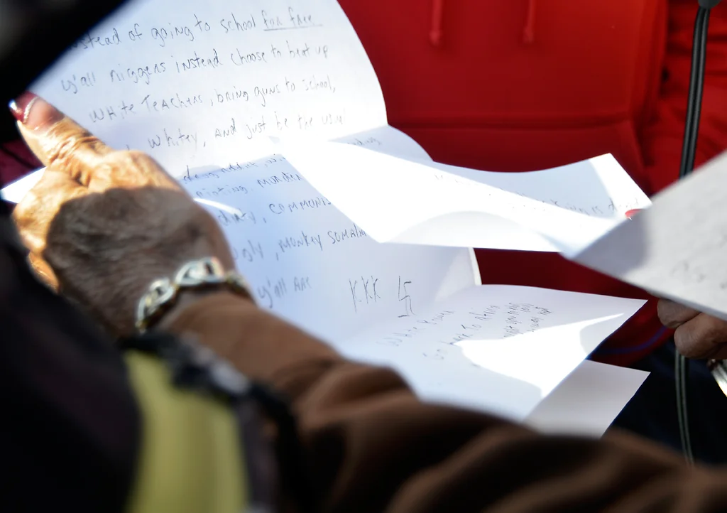 Missouri NAACP Columbia branch president Mary Ratliff shows a letter that was sent to the office containing threats and signed with KKK and a swastika Monday, Nov. 9, 2015. Ratliff said that she called the police after receiving the letter on Sunday, Nov. 8, 2015. Photo by Halee Rock/Missourian