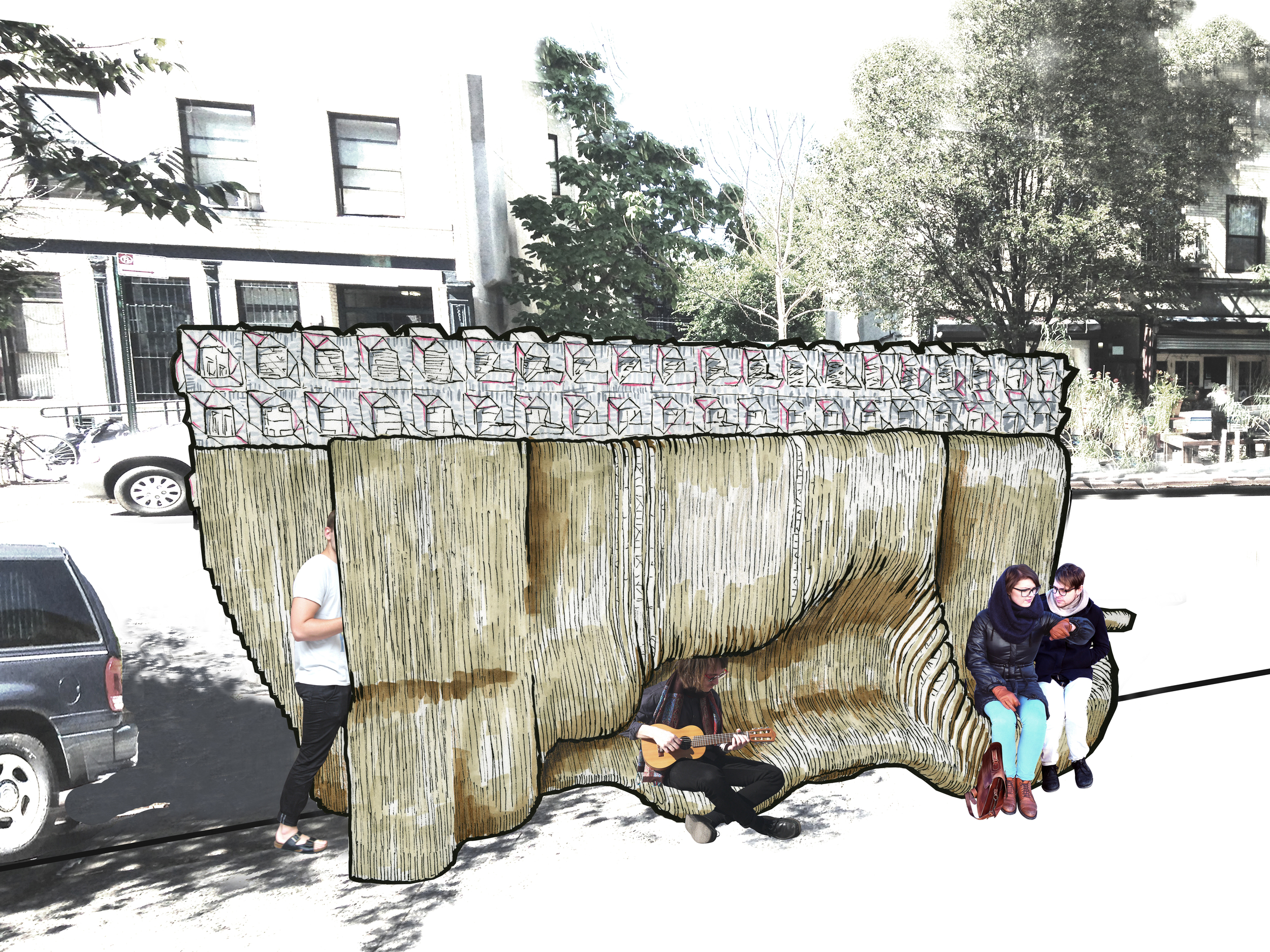   The Body Wall:  The street-side of the body wall provides places and positions for pedestrians to lean, wait and sit. 