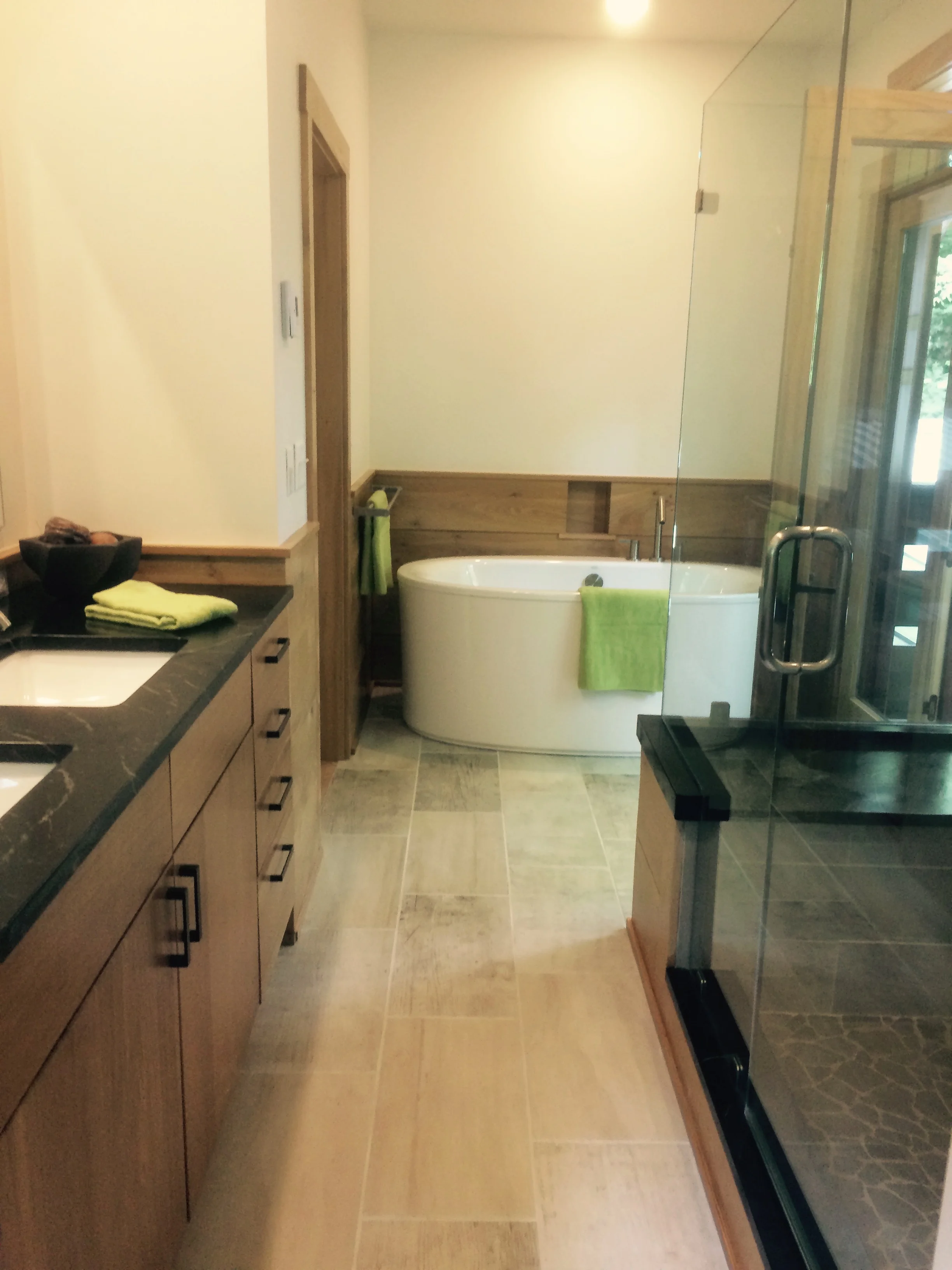 Master bath, wood paneling, tile