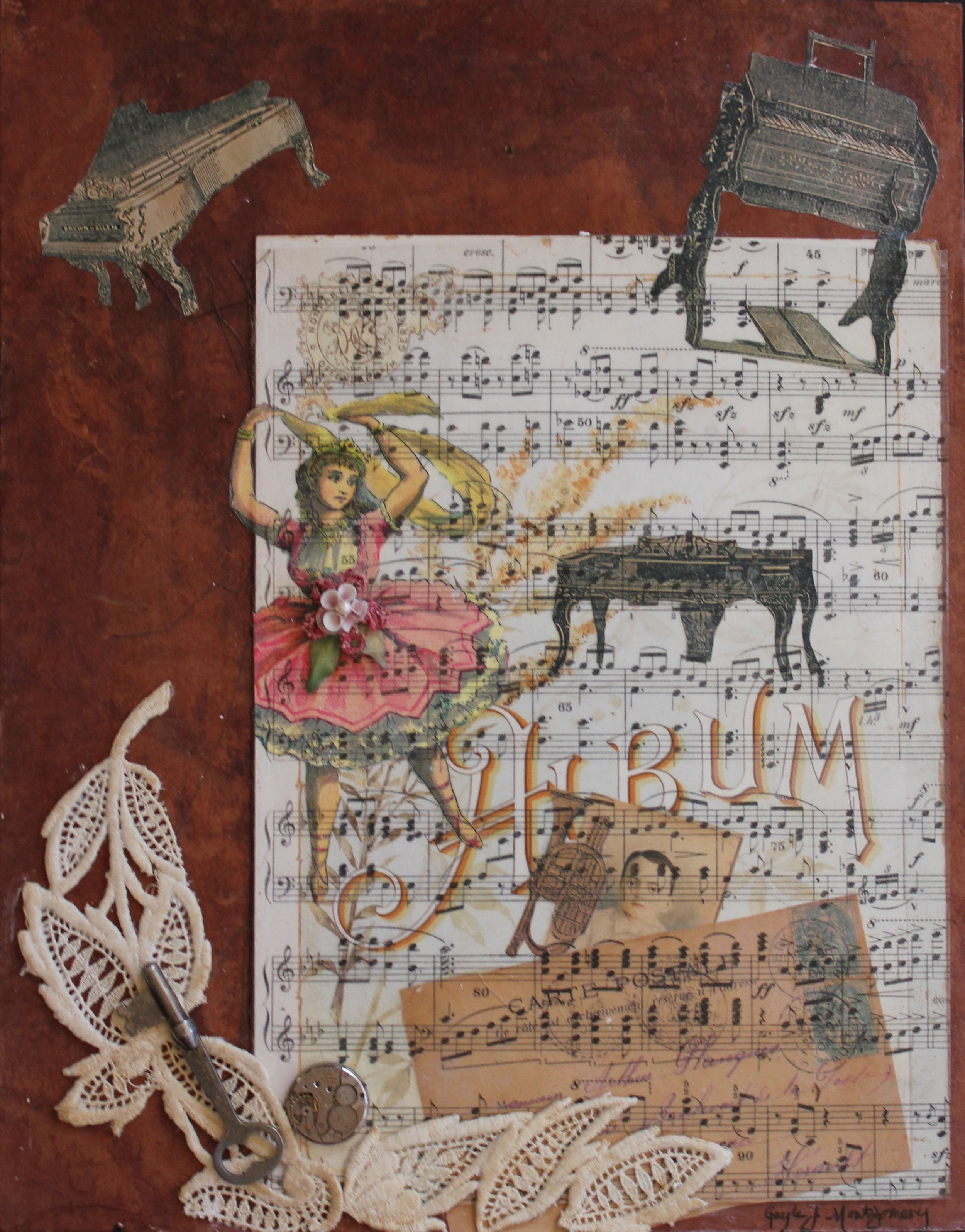 "Days of Yore" Now for the workshop! At the very end of our two days I started a piece, but, as usual, froze and did not finish. When I got home and digested all I had learned I headed for my studio, put on Abba's Greatest Hits and voila..."Listening to Abba" is the result. It would be an interesting study in art to listen to various genres of music and create while listening...I cannot imagine what Heavy Metal would result in!!!!! I have included a few photos from the workshop which was held at the Nisa Touchon Fine Art Gallery on Rosina Street in Santa Fe. It specializes in collage and mixed media. Upstairs is The Museum of Collage...a must!