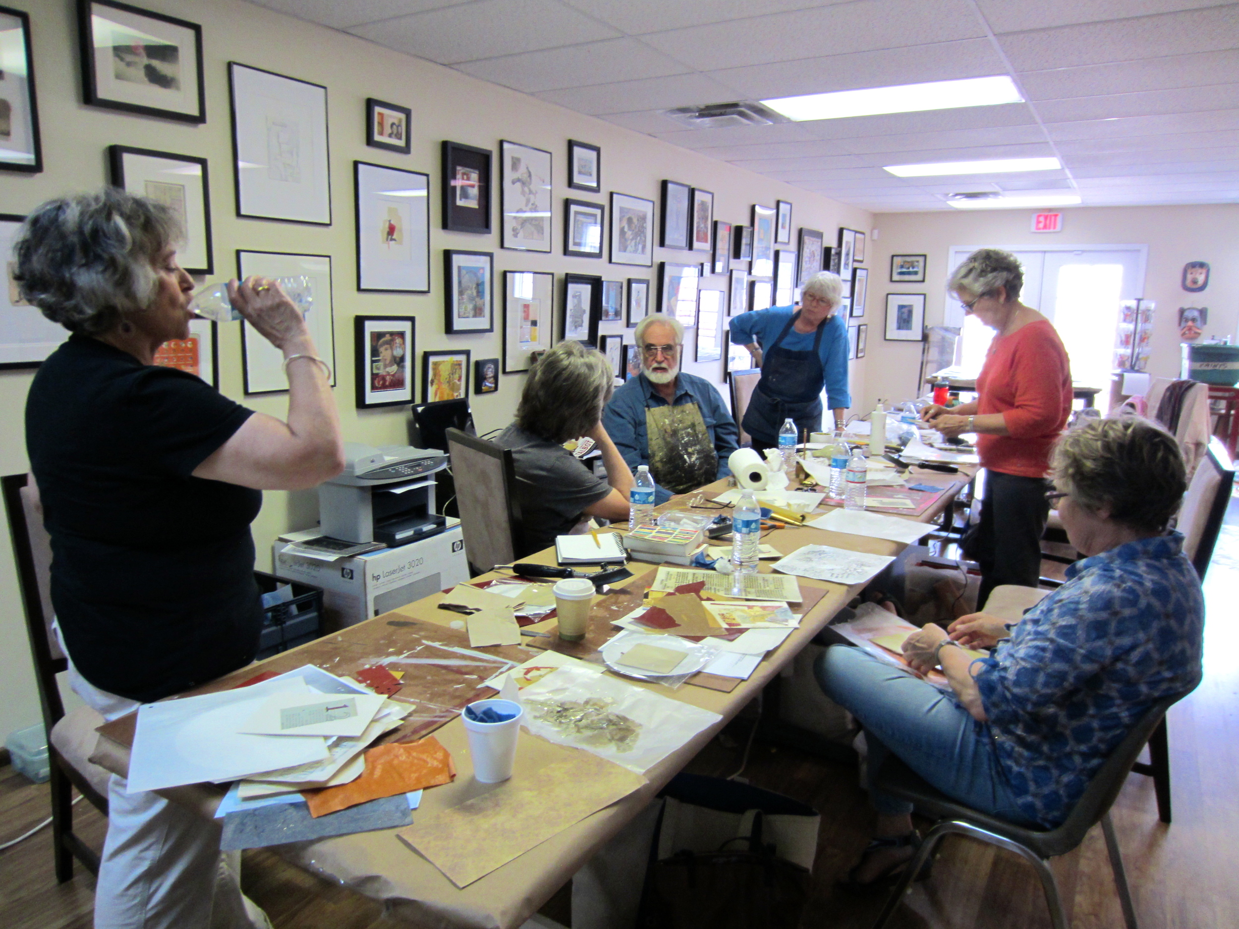 My friend, Linda, is the first on the right. She also came down from Taos and tried, tried, tried avoiding me and the camera! *** LOCAL AND STATE OF NEW MEXICO EVENTS: - October 3rd and 4th is the El Rito Studio Tour...my all time favorite is the Vanderbrooks. Pottery, painting, photography, collage and mixed media are their mediums and all done well. - October 3rd and 4th is the Wool Festival in Kit Carson Park, Taos, New Mexico. - October 3rd through 11th is the Albuquerque International Balloon Festival. - October 23rd through 25th is the Taos Mountain Balloon Rally. - October 6th through 29th the Stables Gallery in Taos presents "Pressing on 5" - 17 contemporary printmakers are featured. - Through January 17, 2016 the New Mexico Museum of Art in Santa Fe presents "O'Keeffe in Process". NATIONAL AND INTERNATIONAL: - Through February 7th, 2016 MOMA in New York City features Picasso Sculpture - over 100 pieces of sculpture "complimented by selected works on paper and photographs." - Through October 19th, "Jeff Koons: A Retrospective" continues at the Whitney in New York City" - Through October 19th, "Joseph Cornell's Wanderlust" continues at the Royal Academy of the Arts in London, England. - Ai Weiwei is also at the Royal Academy of the Arts, London through December 13th. - The Royal Academy of the Arts is on the move with an exhibit of the ceramics of Edmund de Waal. If you are a movie or book buff you will recall his "Woman in Gold". - Through October 11th Agnes Martin's "Retrospective" will be on view at the Tate in London. MUST NOT MISS: - The Nisa Touchon Fine Art Gallery in Santa Fe. Open approximately 5 months. The gallery specializes in collage and mixed media. The upstairs is devoted to the Museum of Collage. It is well worth a trip to Santa Fe just to take in this gallery. - The Broad Museum in Los Angeles has just opened on September 20th. This is a most unique museum for the fact that there are no entrance fees. Edythe and Eli Broad showcase over 2000 pieces of contemporary art (their own collection). Artists include, Cindy Sherman, Andy Warhol, Basquiat, Chuck Close and many, many more. - The 2016 Pirelli calendar is out! In the past it has been quite racy. This year it features 12 provocative photos by Annie Liebovitz which include Patti Smith, Yoko Ono, and Tavi Gevinson. - "Living in a Fairytale World" by Mr. Finch is a book for all fabric artists out there. He uses leather, old tapestries, roadside finds to create butterflies, birds, bulbs, bunnies, spiders, moths, mice and much more. Wow! IN CLOSING: Happy Autumn! See you next month.