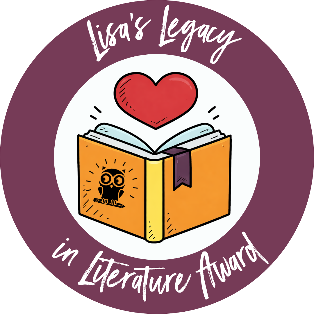 Illustration of a book with an owl on the cover, a red heart above it, and text reading 'Lisa's Legacy in Literature Award'