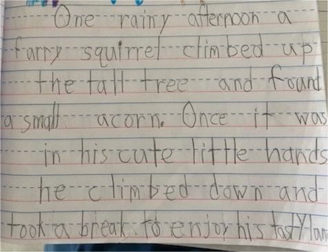 A handwritten story about a rainy afternoon where a squirrel climbs a tall tree, finds a small acorn, and then climbs down to enjoy a snack.