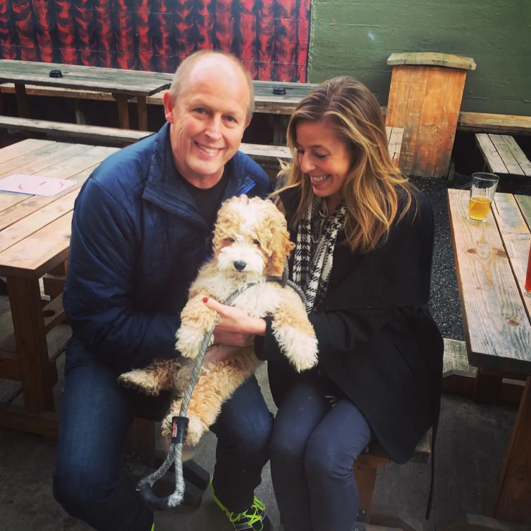 My dad, Olie, the Labradoodle, and me.