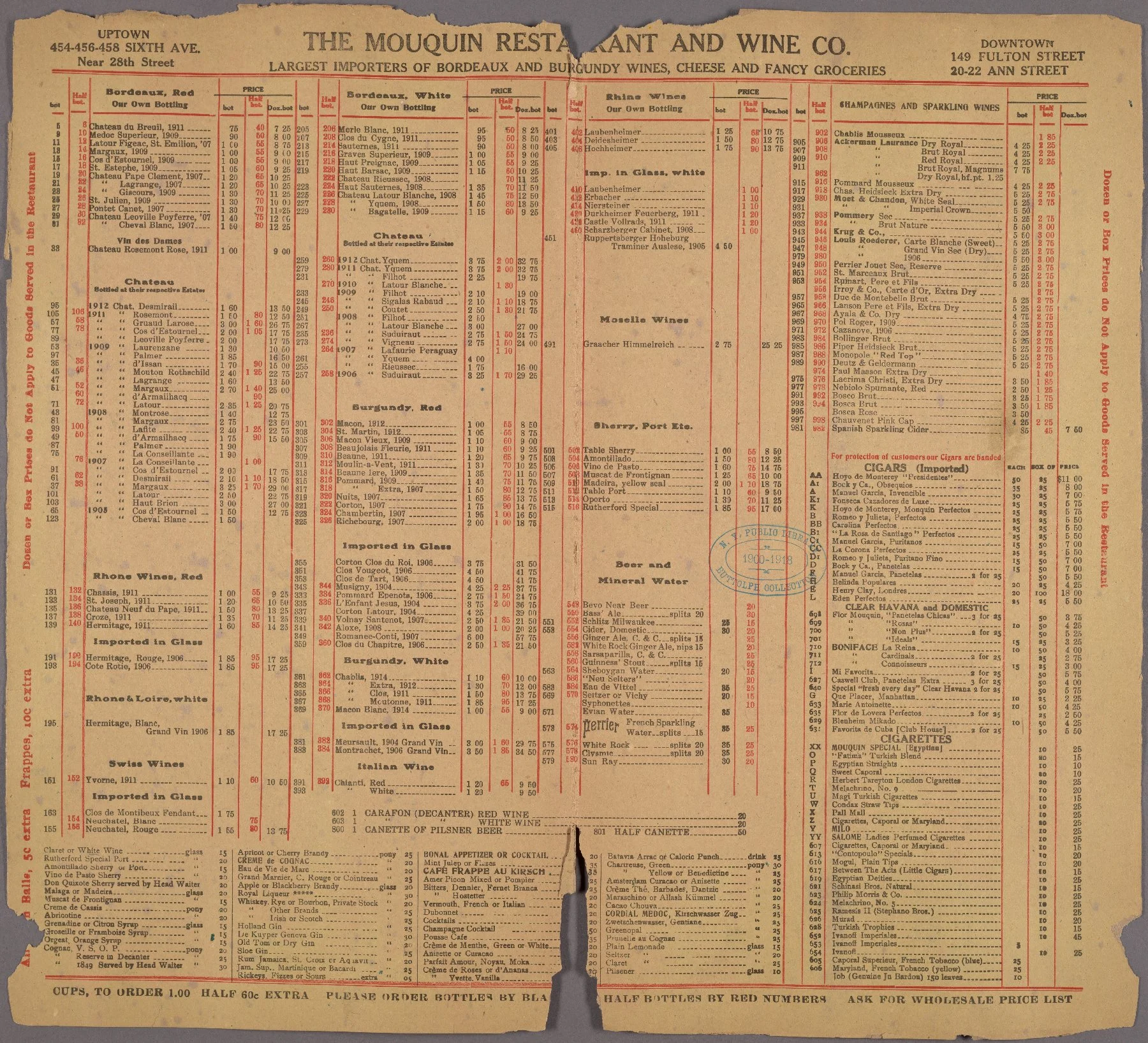 New York wine list from 1918. Graacher Riesling costs more than Ch. Latour and Richebourg.