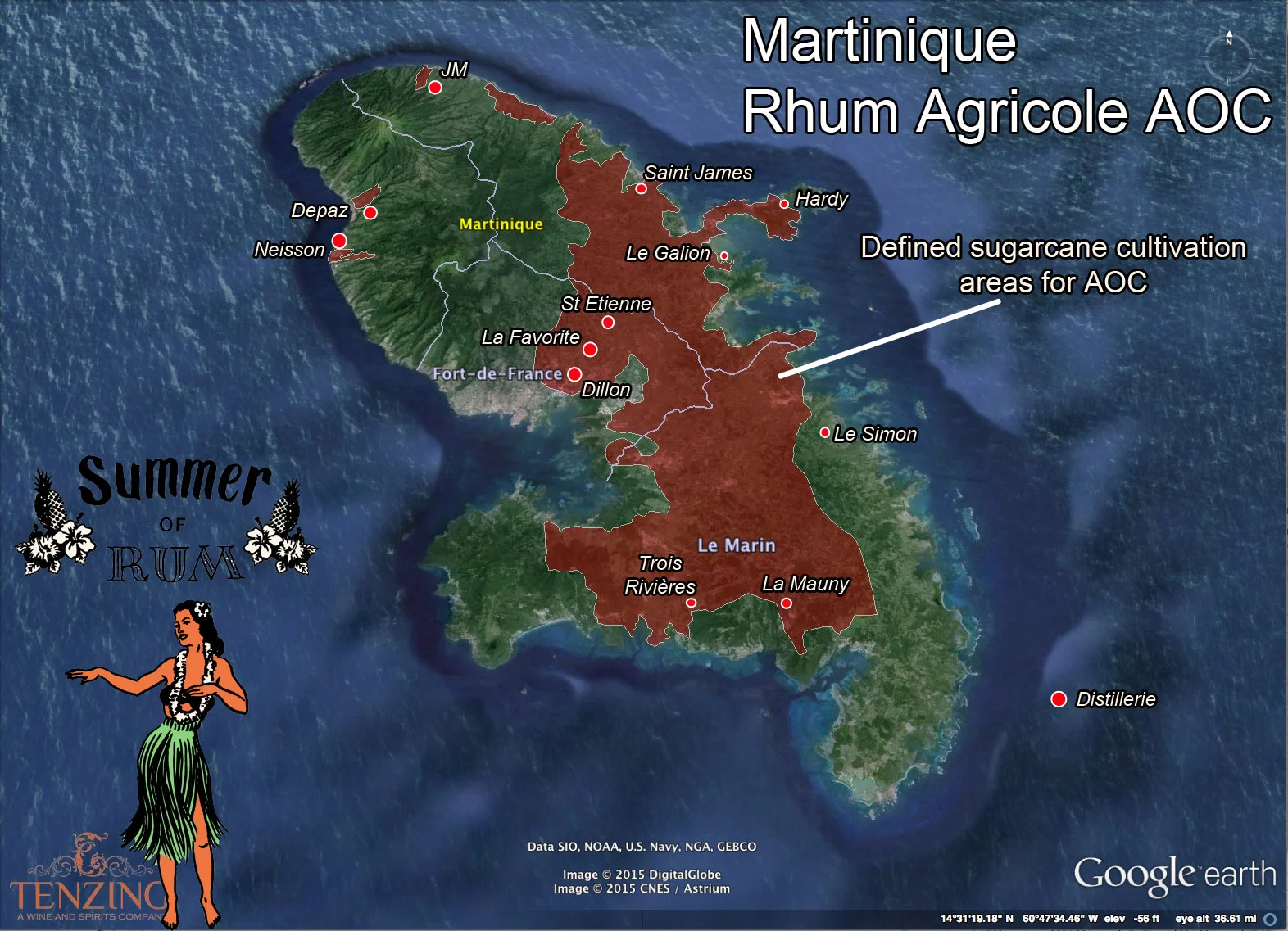 Map of Martinique Rhum Agricole AOC and distilleries #SummerofRum