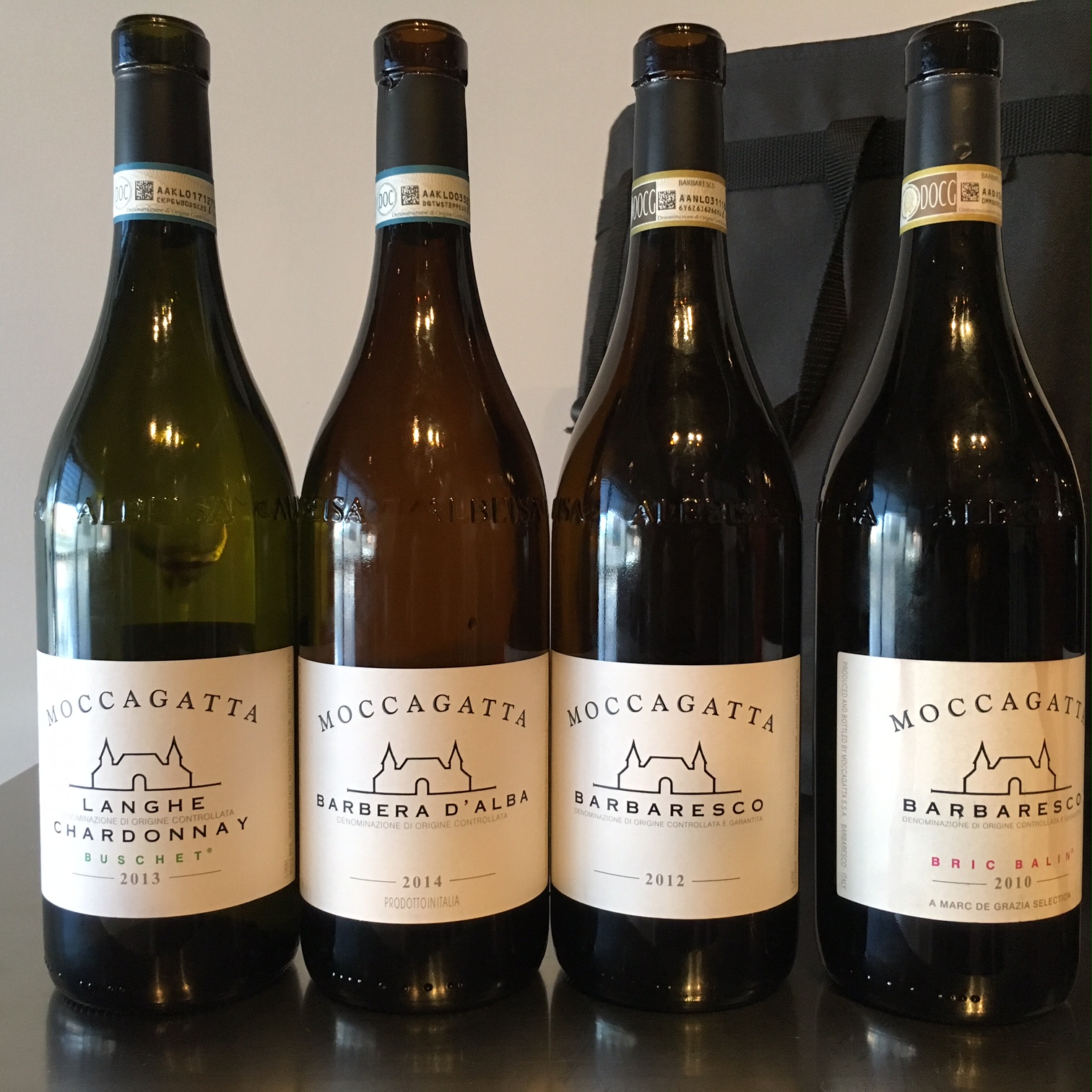 Tasting line up of the different wines from Moccagatta