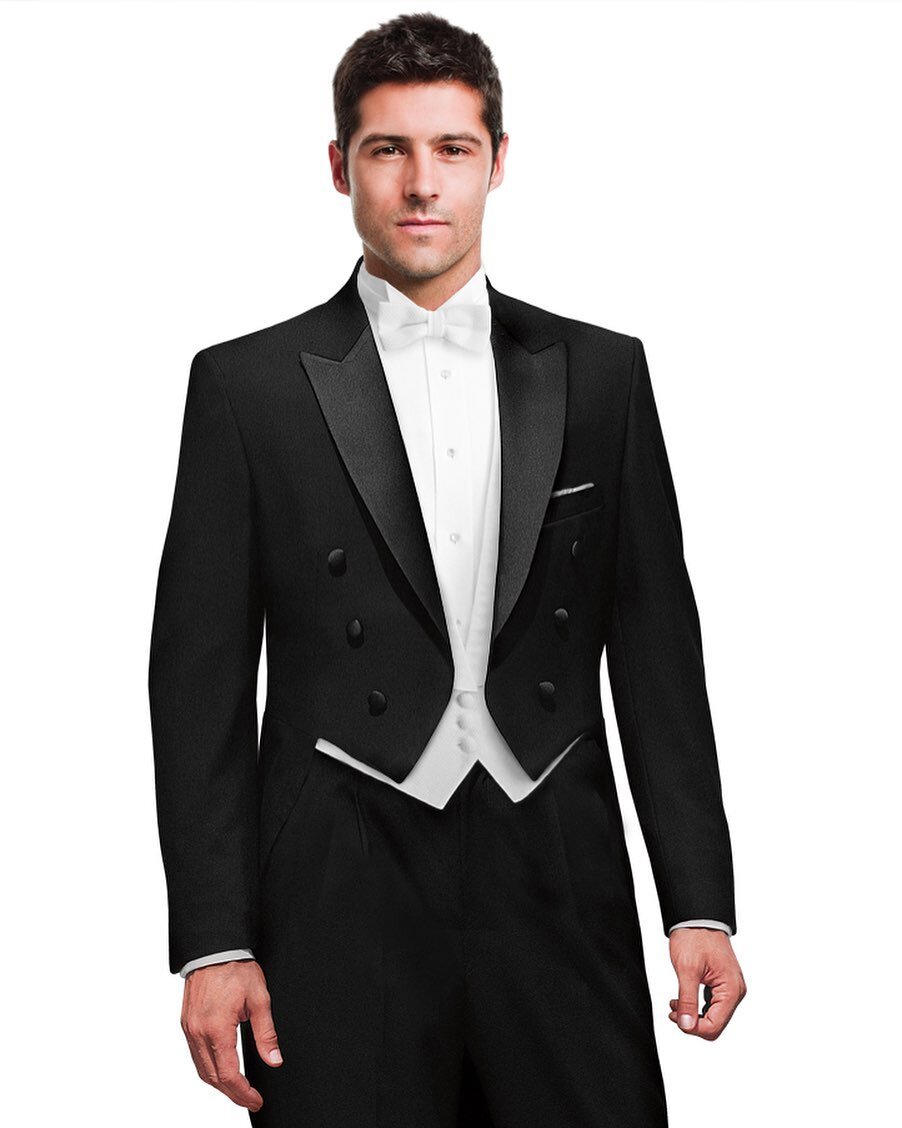 &lsquo;Tis the season for White Tie attire.
🕯
What does White Tie entail?
A black tuxedo tailcoat worn over a white pique shirt, backless white pique waistcoat/vest and matching bow tie worn with a wingtip collar. Stiff single link cuffs fastened by