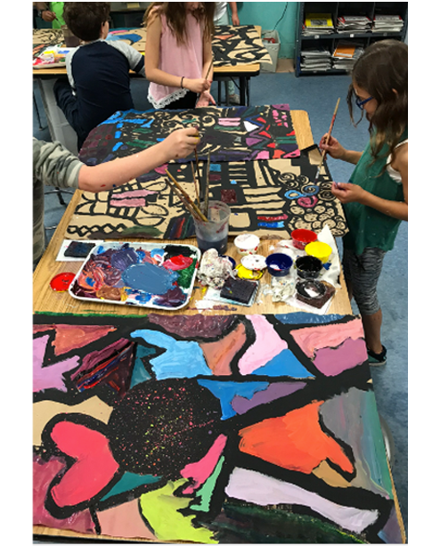 Students working on Black Line Paintings 4th Grade Prospect Hill Elementary School