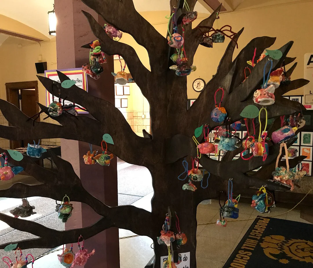 Birds, Bugs, & Butterflies, hung on custom made tree for display Kindergarten Prospect Hill Elementary School