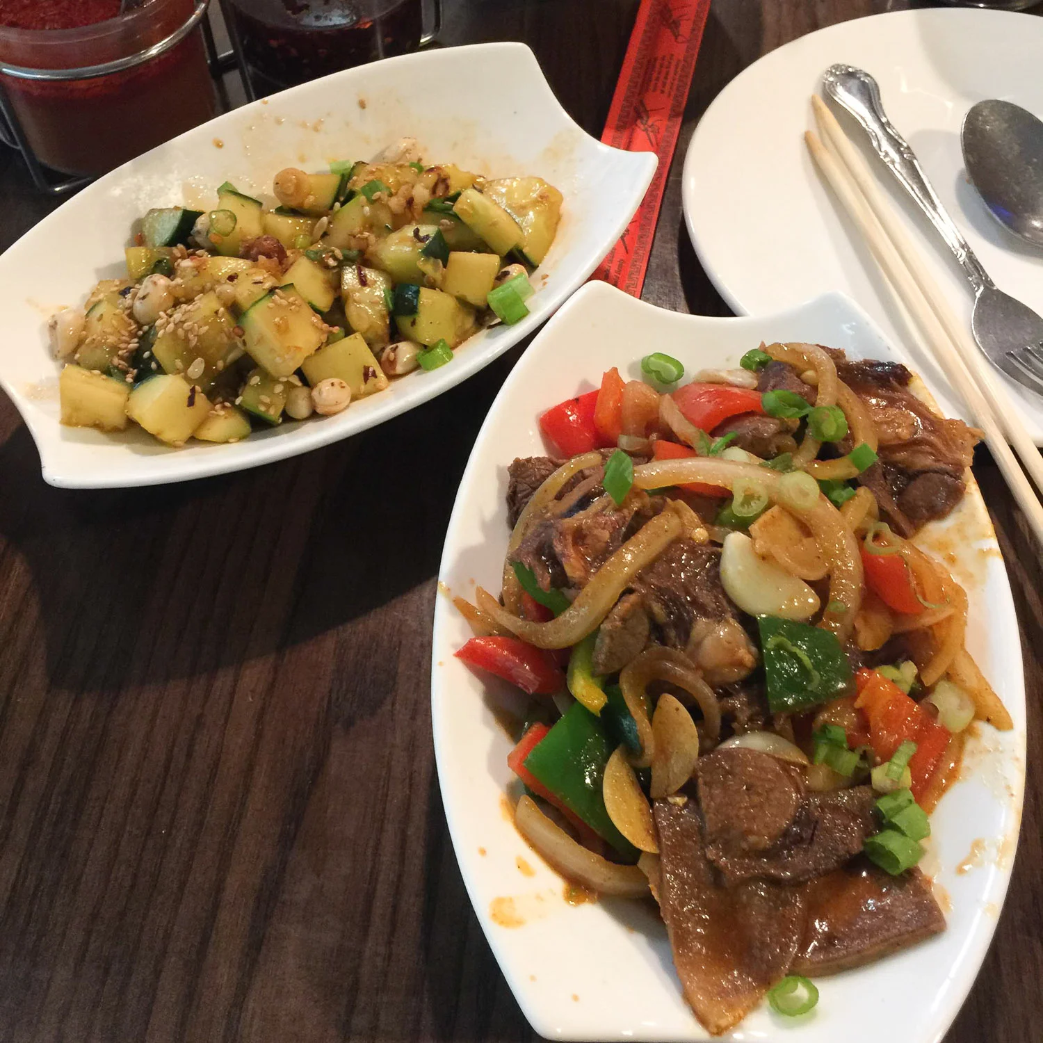 Phayul's stir fried beef tongue and cold cucumber salad. Yum.