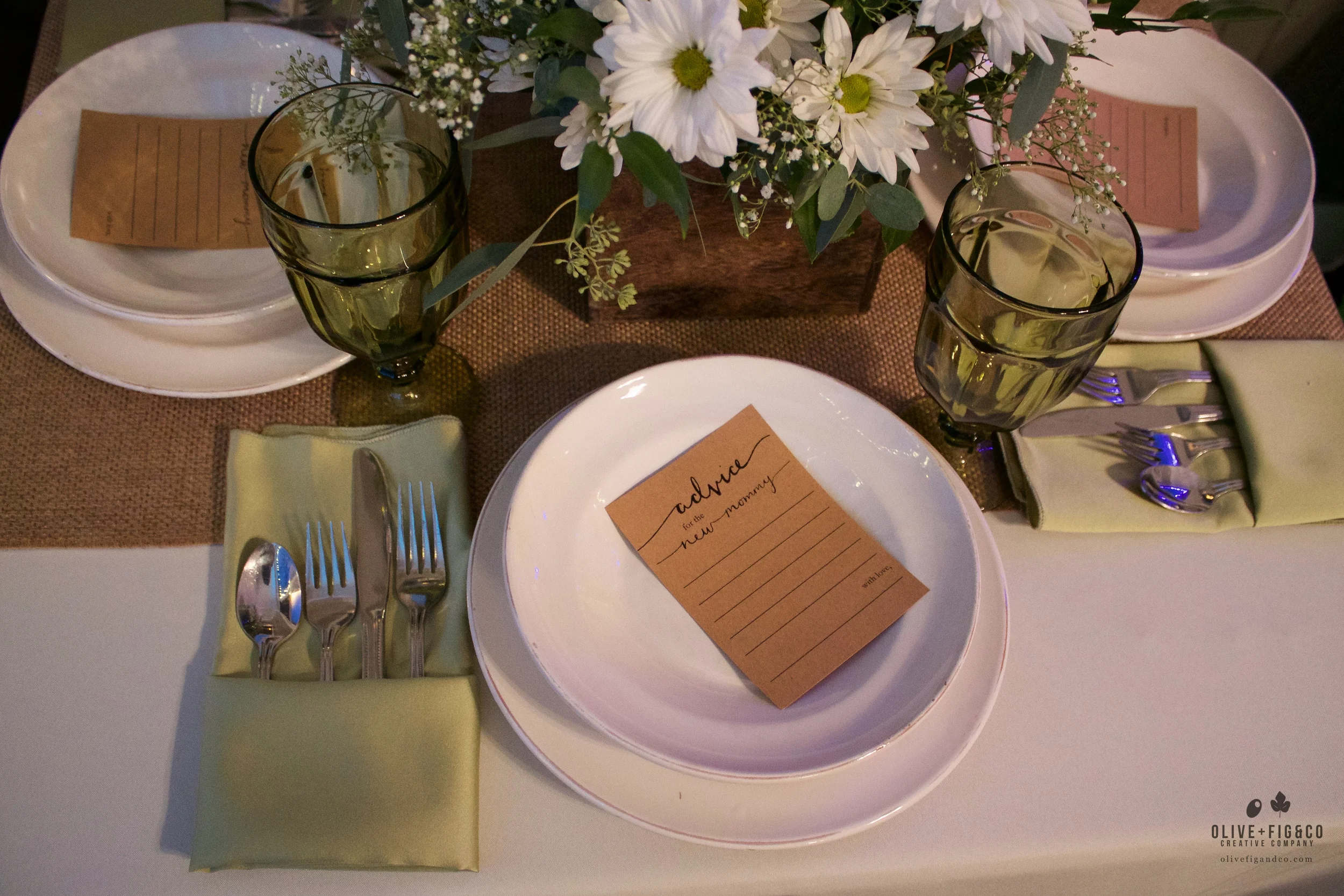 Baby Shower Table: "Advice for the New Mommy" cards designed by O+F.