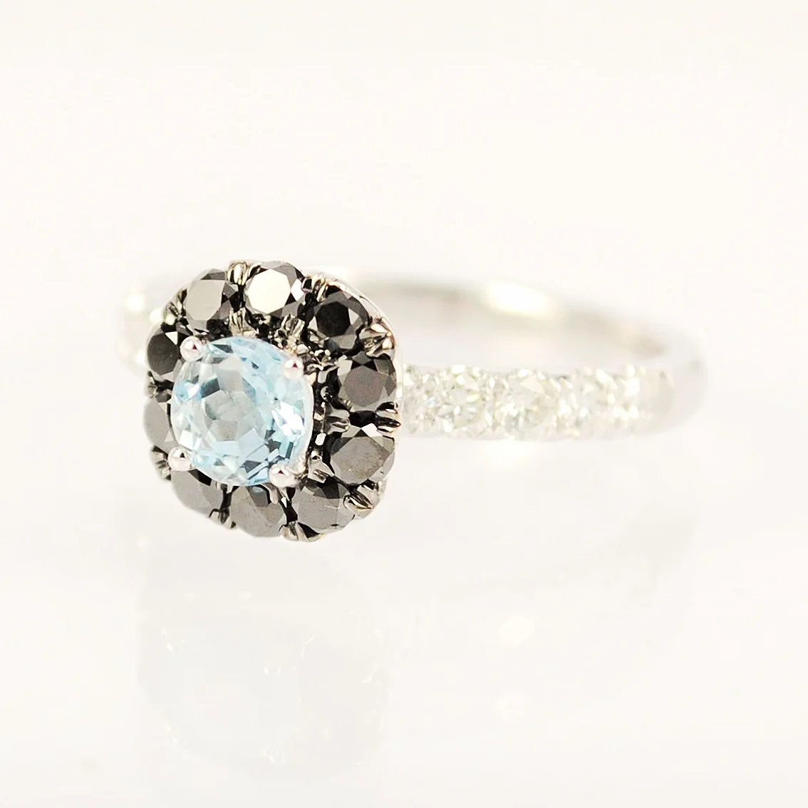 Round Aquamarine halo set with black diamonds & white round brilliant diamonds on band